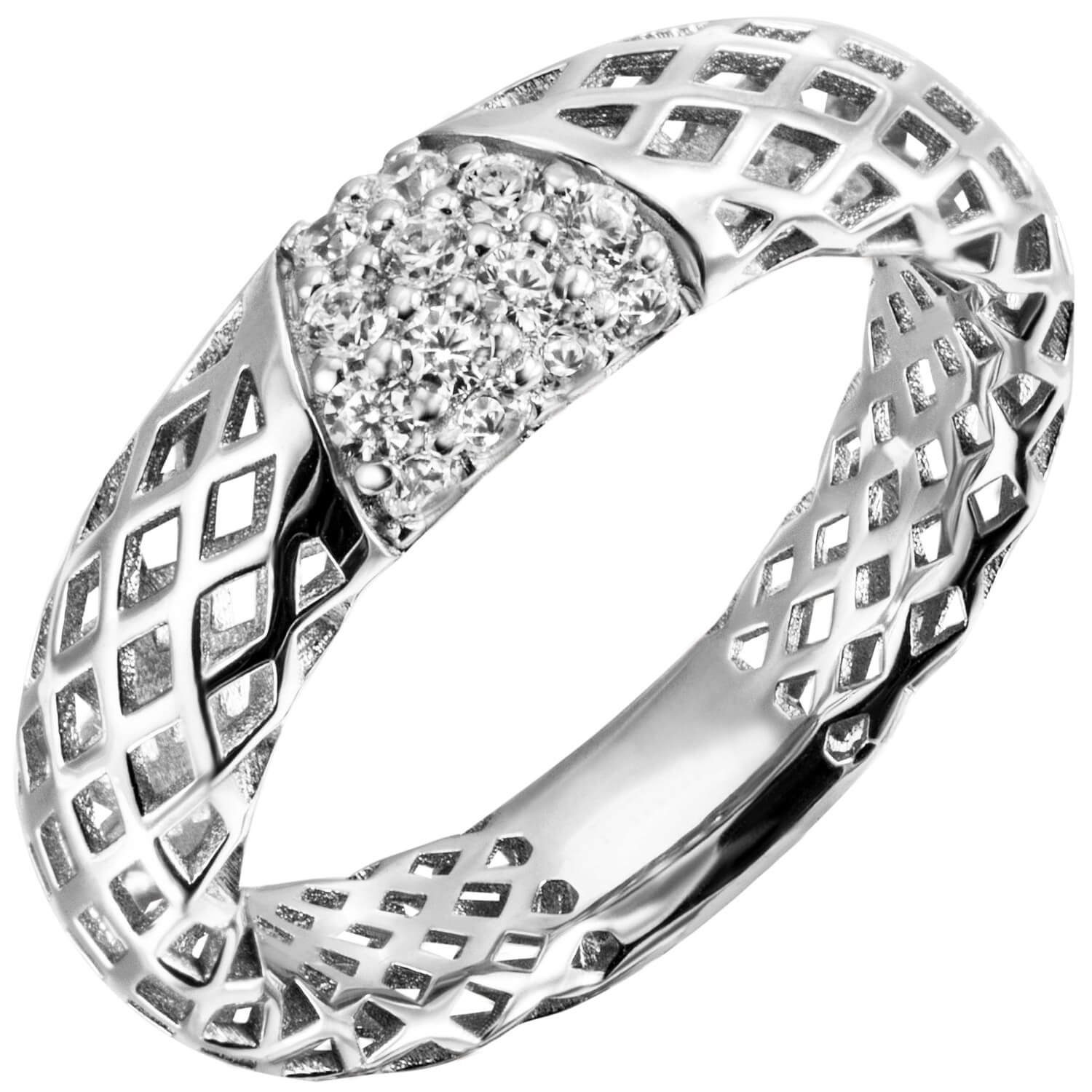 Schmuck Krone Silberring Ring mit 14 Zirkonia weiß 925 Silber rhodiniert Damenring glänzend Netz-Muster, Silber 925