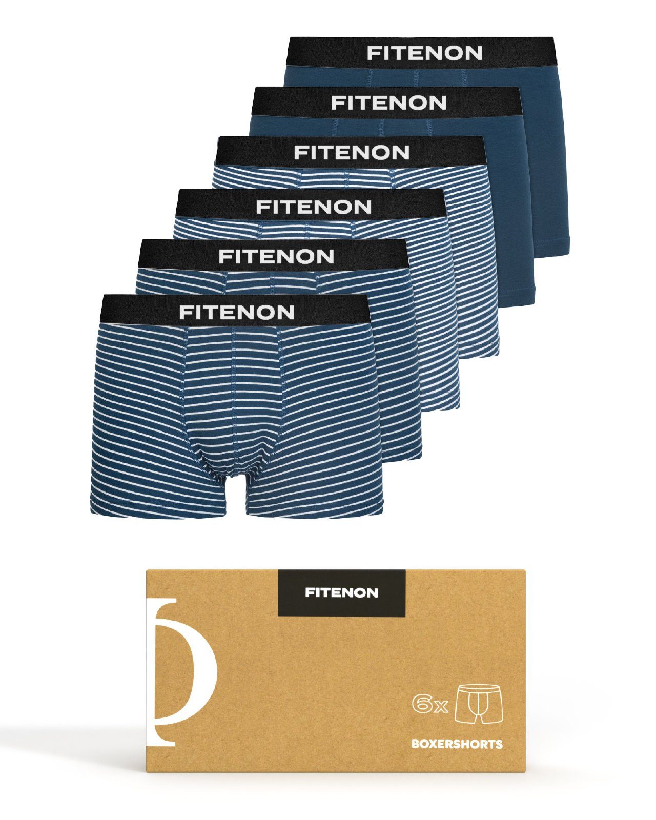 FITENON Boxershorts Herren Unterhosen, Unterwäsche, ohne kratzenden Zettel, Baumwolle (6 er Set) mit Logo-Elastikbund 4x Navy gestreift 2x Navy
