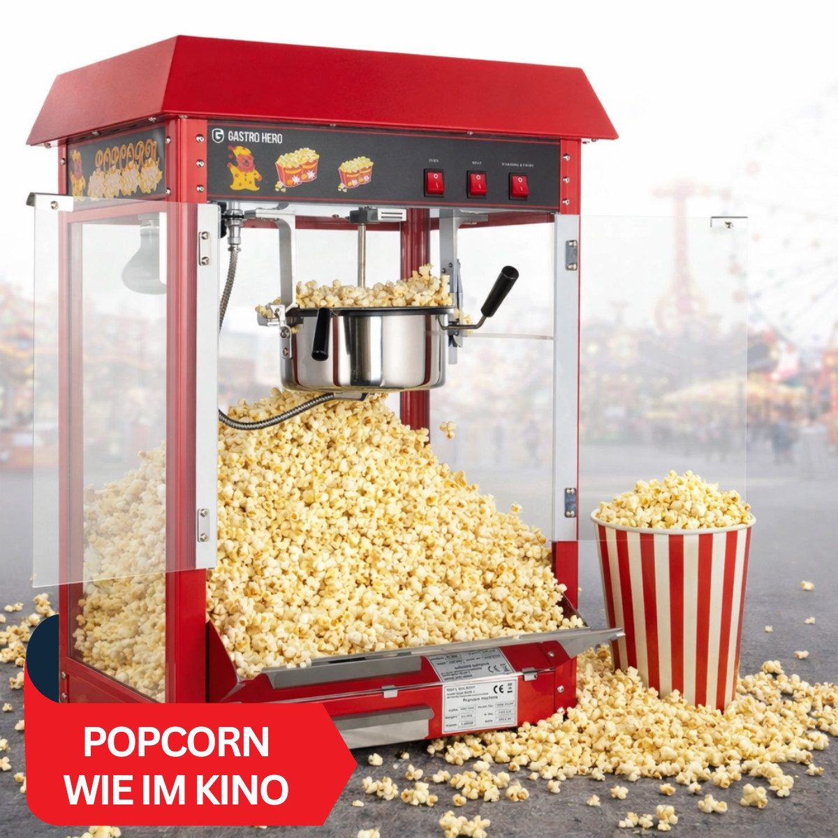 GastroHero Popcornmaschine Popcorn Maker 5 kg/h - Gastro - Party - Event, Popcornautomat, schwenkbarer Kessel, 3 Min. pro Portion