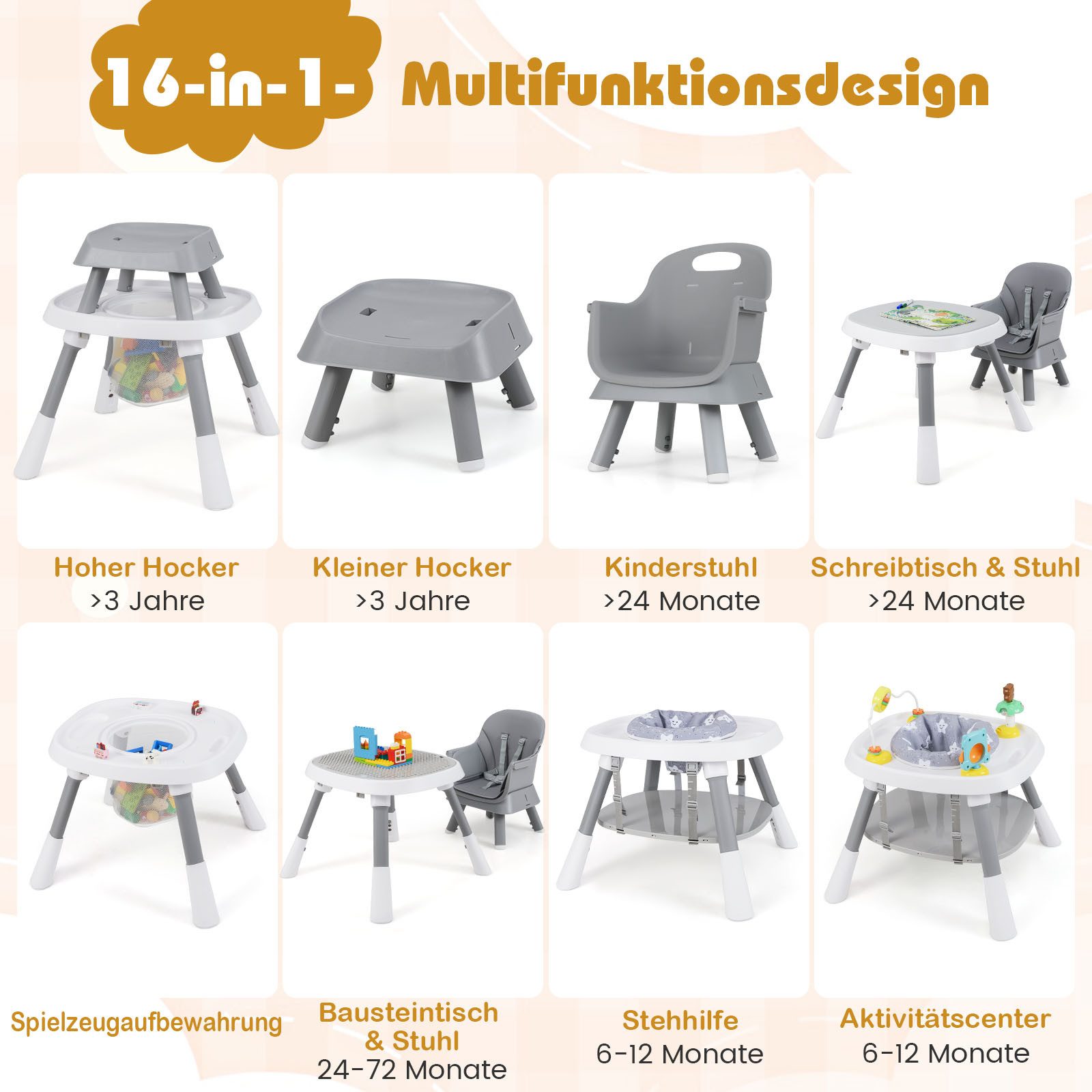 COSTWAY Hochstuhl (1 St), 16 in 1 Kinderhochstuhl, Babystuhl für Kinder ab 6 Monate