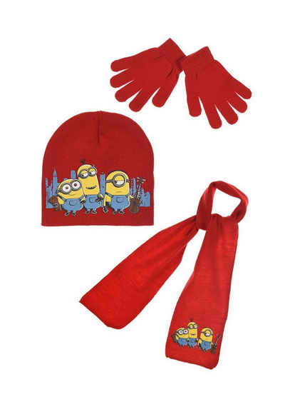 Minions Beanie Kinder Mädchen Winter-Set Mütze, Schal, Handschuhe (SET) Rot