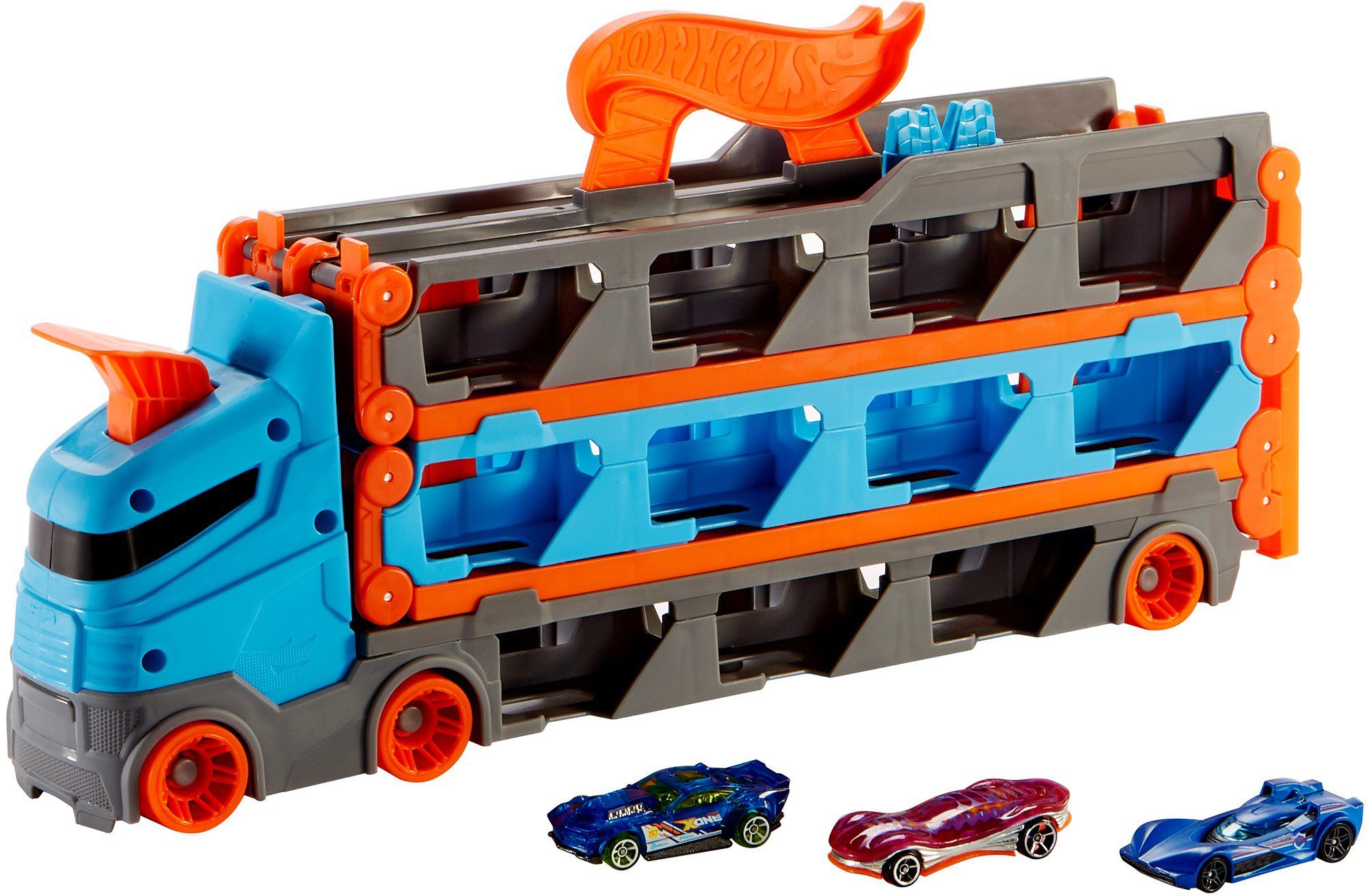 Hot Wheels Spielzeug-Transporter 2-in-1 Rennbahn-Transporter, mit drei Hot Wheels Fahrzeugen