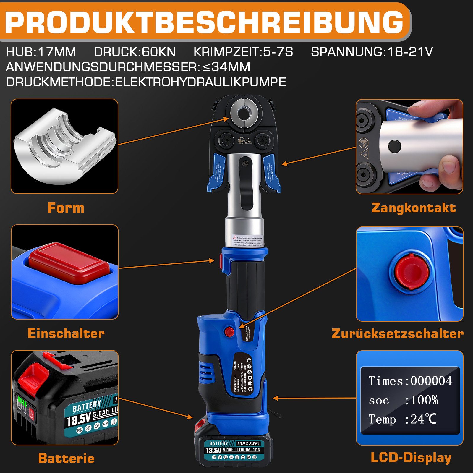 XERSEK Presszange Profi Crimpzange Rohrpresszange LCD-Display 2x5.0Ah-Akku TH & V-Kontur, 9 Sätze Pressbacken: TH16 TH20 TH26 TH32, V12 V15 V18 V22 V28, Hilfsgurt f. Ein-Mann-Bedienung Kupferrohre Edelstahlrohre Verbundrohr