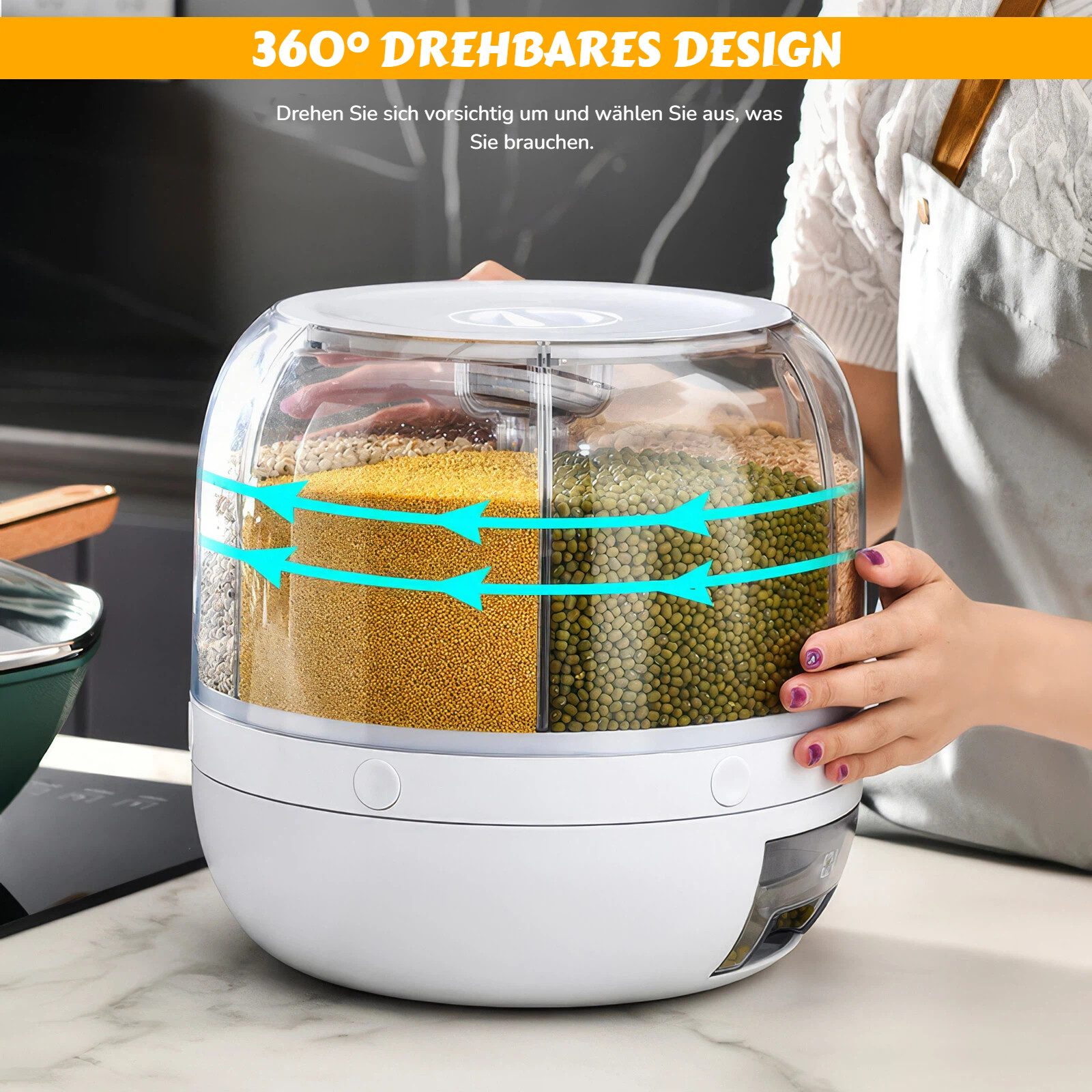 BlingBin Müslispender 360° Drehbarer Getreidespeicher, Lebensmittelspender mit 6 Fächern, PP-Kunststoff, (1er Set, 1-tlg., Abmessungen: 22 x 23,6 CM), Aufbewahrungsbehälter mit Deckel für Reis Getreide Nüsse