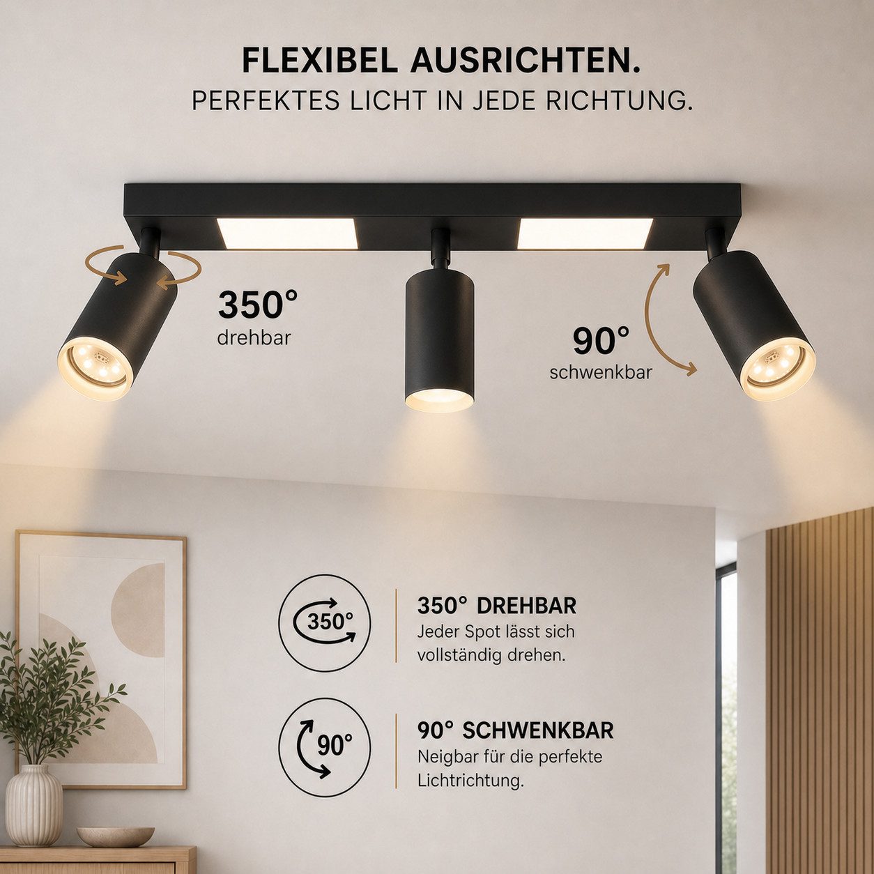 ZMH Deckenstrahler 3 Flammig Schwarz/Weiß GU10 Deckenlampe 20W 3000K für Flur und Küche, Einfache Installation, LED fest integriert, ohne Leuchtmittel, Warmweiß