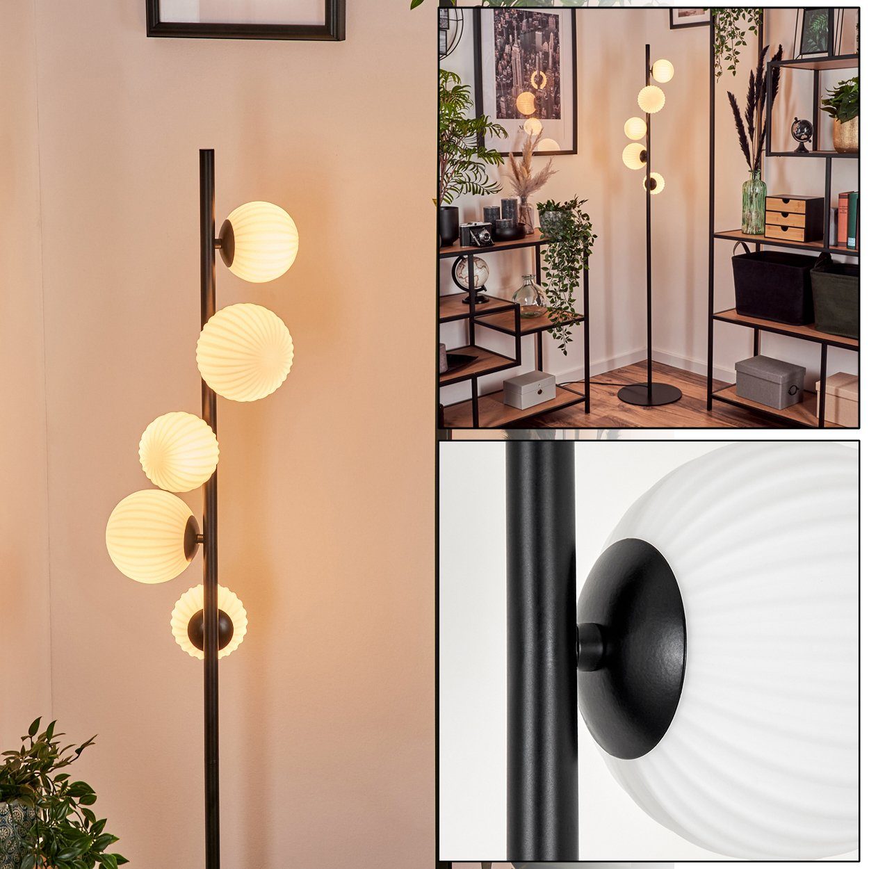 hofstein Stehlampe Stehlampe aus Metall/Riffelglas in Schwarz/Weiß, ohne Leuchtmittel, Leuchte mit Glasschirmen(10cm, 12cm),Schalter,5xG9, ohne Leuchtmittel
