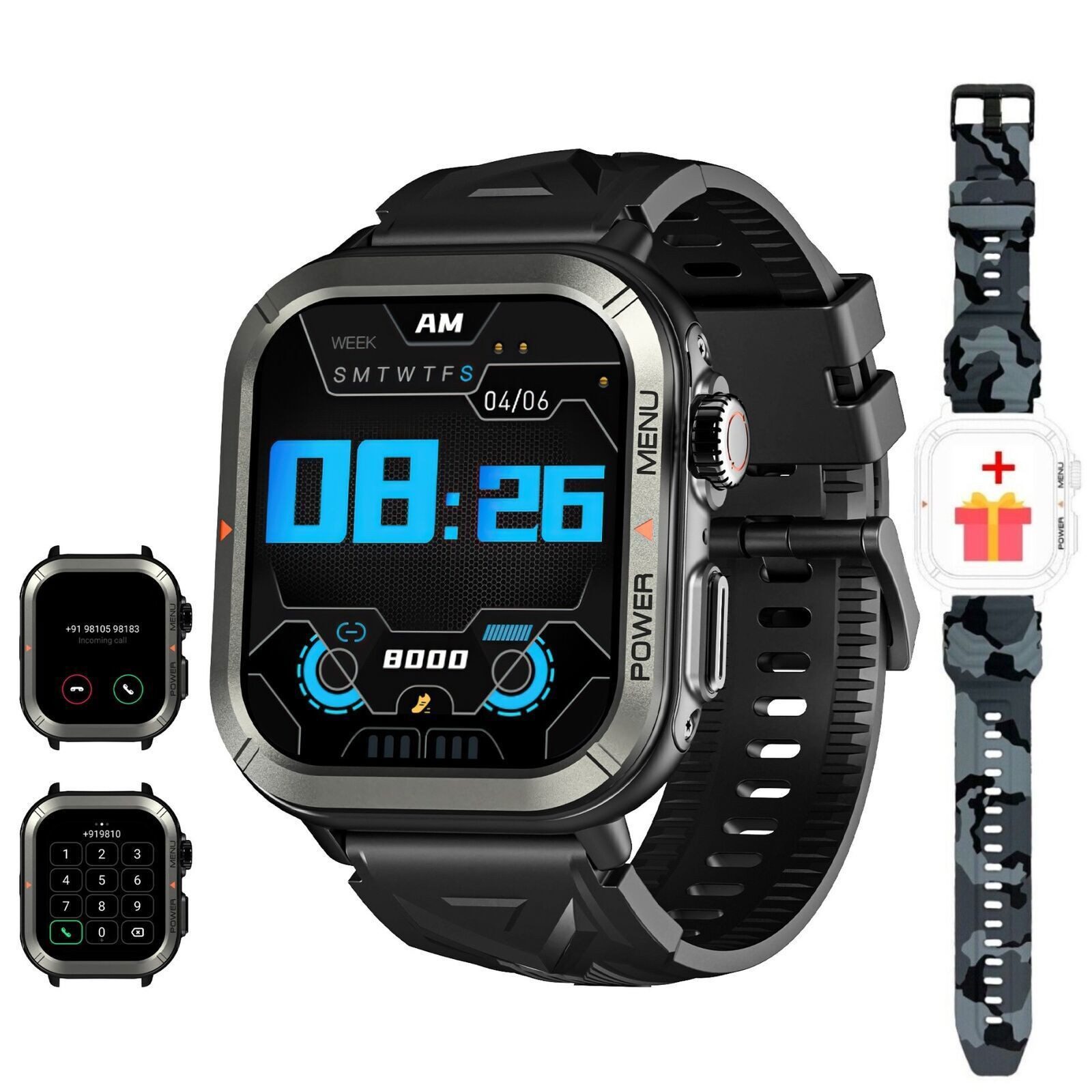 blackview W30 Fitnessuhr Sportuhr mit Telefonfunktion Militärischer Stil Smartwatch (4.85 cm/1.91 Zoll), 1-tlg., Gesundheitsüberwachung, HD LCD-Bildschirm