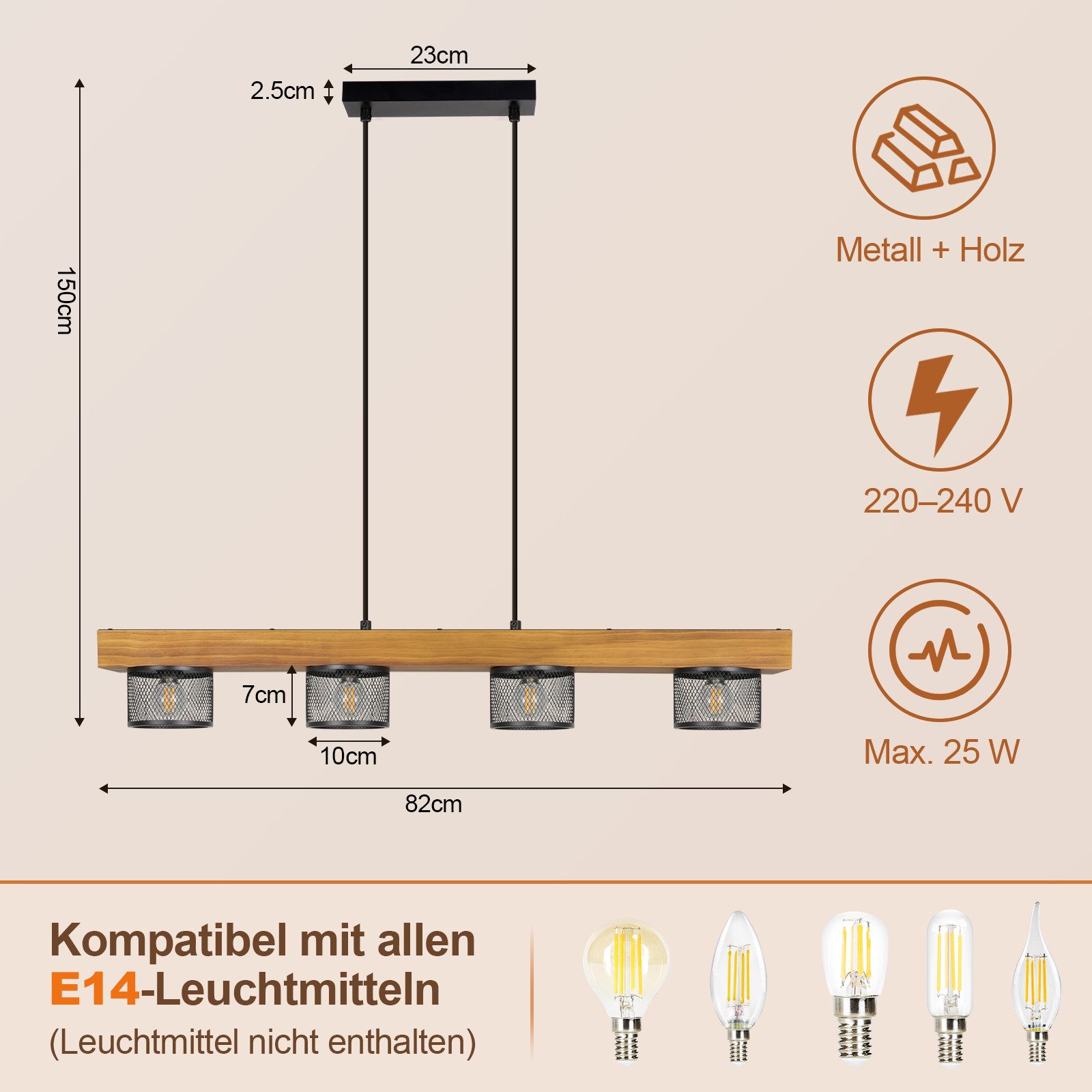 Nettlife Pendelleuchte Vintage Schwarz 1/3/4flammige E14 Industrial Holz Gitter Lampenschirm, ohne Leuchtmittel, Retro Küchenlampe hängend für Esszimmer Küche