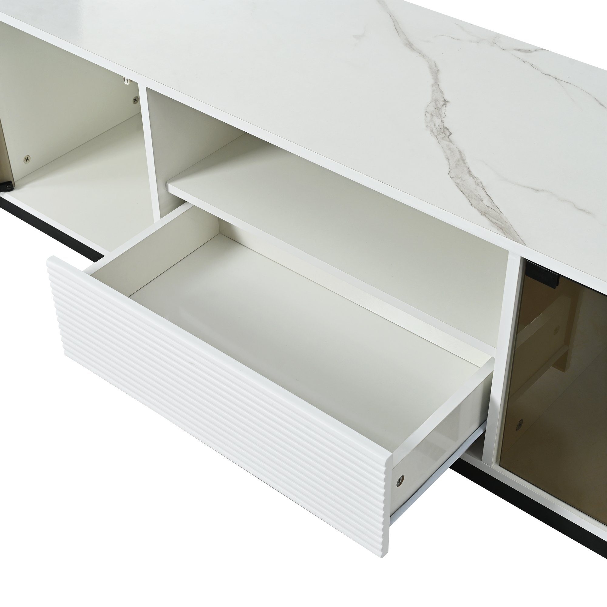 Glasdesign) TV-Ständer L WISHDOR und 1 Tischplatte einen (für marmorgeäderter 1 elegantem Schublade und 60-Zoll-Fernseher, offenem mit Mit Türen, TV-Schrank ED-Beleuchtung 2 Fach