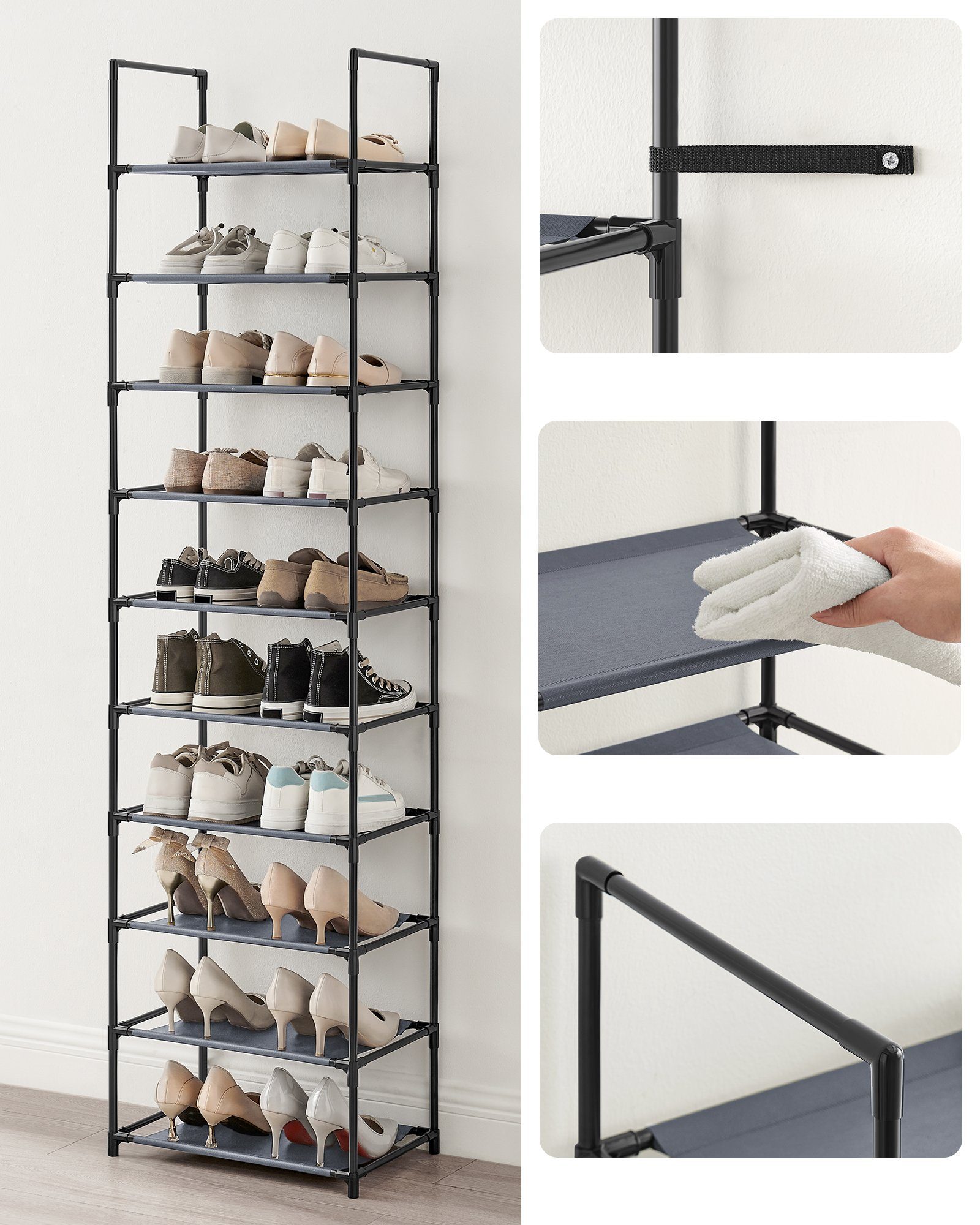 SONGMICS Schuhregal Schuhablage, 10 Ebenen, für 20 Paar Schuhe und Stiefel, 28 x 45 x 173 cm, für Flur, Schlafzimmer, schmal, Metallgestell – Bild 4 von 5