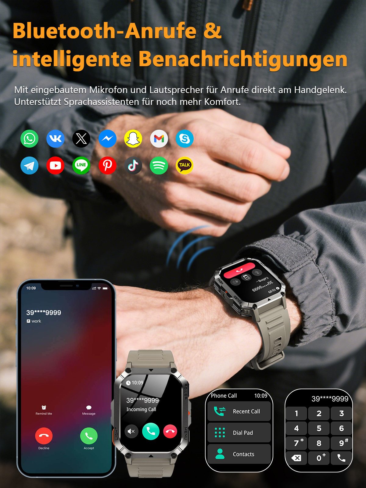 blackview Militär-Smartwatch Herren mit 900mAh Akku/LED-Taschenlampe/Kompass/SOS Smartwatch (2.01 Zoll, iOS/Android), 2×Riemen (Silikonband + gewebtes Band) 1×magnetisches Ladekabel, Herzfrequenz,SpO₂& Schlafüberwachung,100+ Sportmodi,Schrittzähler,IP68