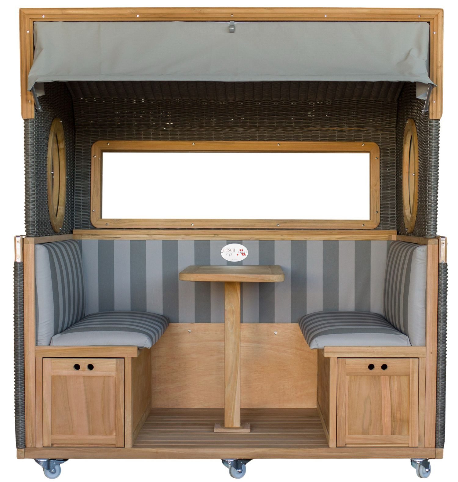 deVries Strandkorb Strandkorb 6-Sitzer Teak - PE grau durchgeflochten - Modell 981, BxTxH: 200x158x207 cm, Gosch-Lounge, Nordsee-Strandkorb, Bullaugen und Panoramafenster, Staufächer, Sitzbänken, großer Tisch