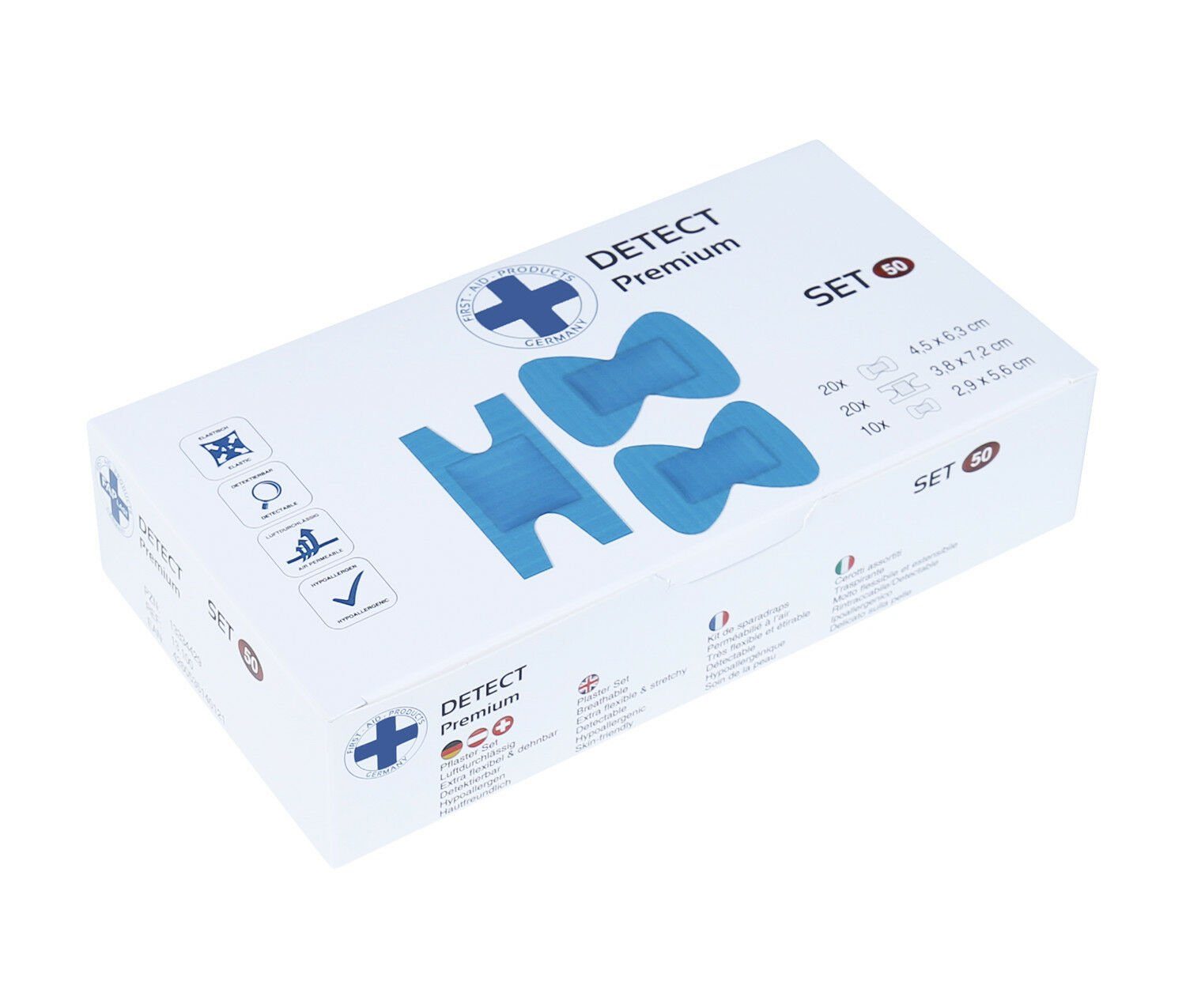 STEELBOXX Arzttasche Wundpflaster Detect blau Elektromagnetisch detekti (50-tlg), dehnbare Pflasterstrips im Set, 20x Fingerkuppenpflaster L, 10x Fingerkuppenpflaster S, 20x Fingergelenkpflaster