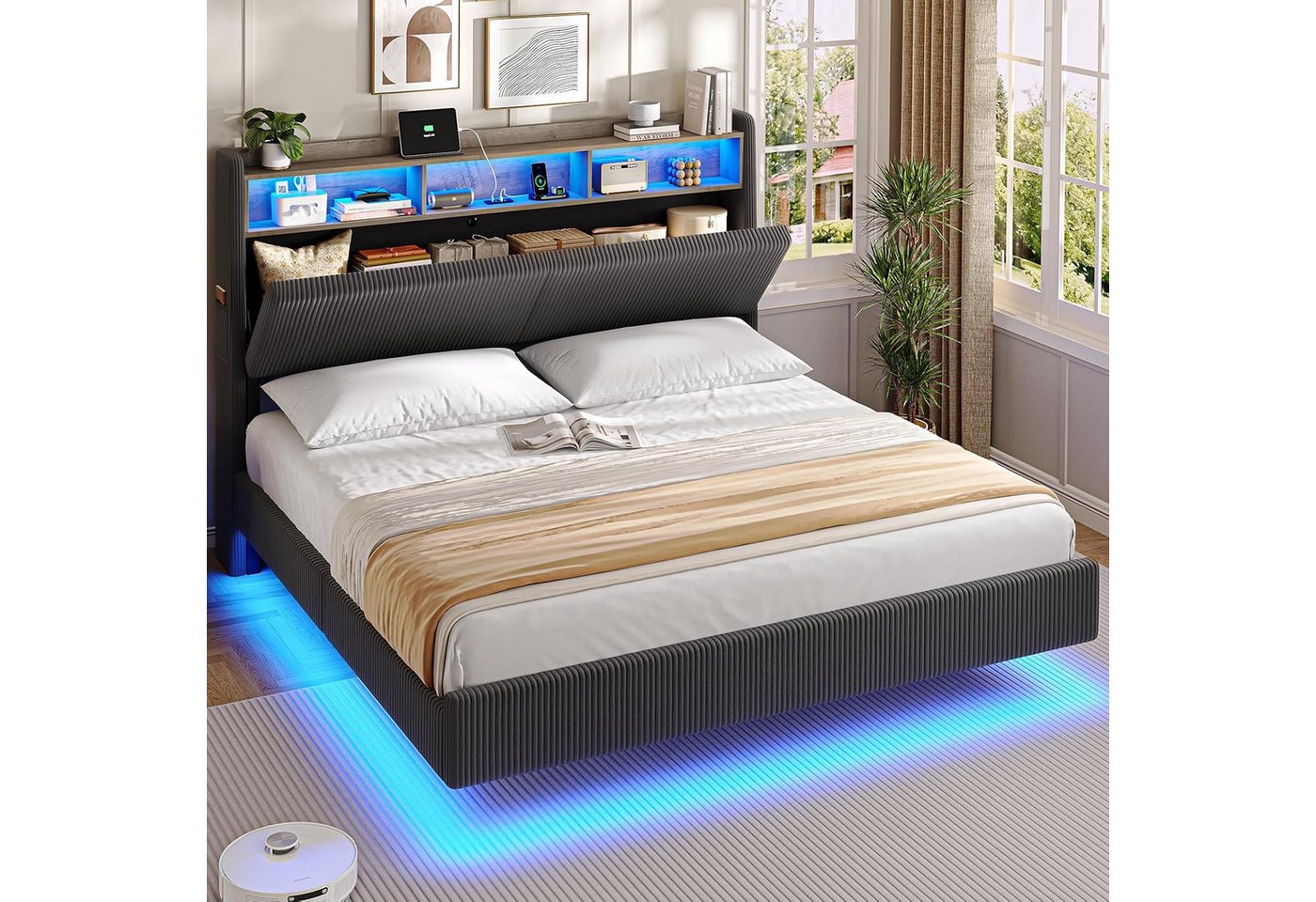 MSMASK Polsterbett Schwebebett mit 270°-LED-Beleuchtung, USB & Type-C Ladestation (Ohne Matratze), Doppelbett mit Stauraum-Kopfteil 180x200 cm