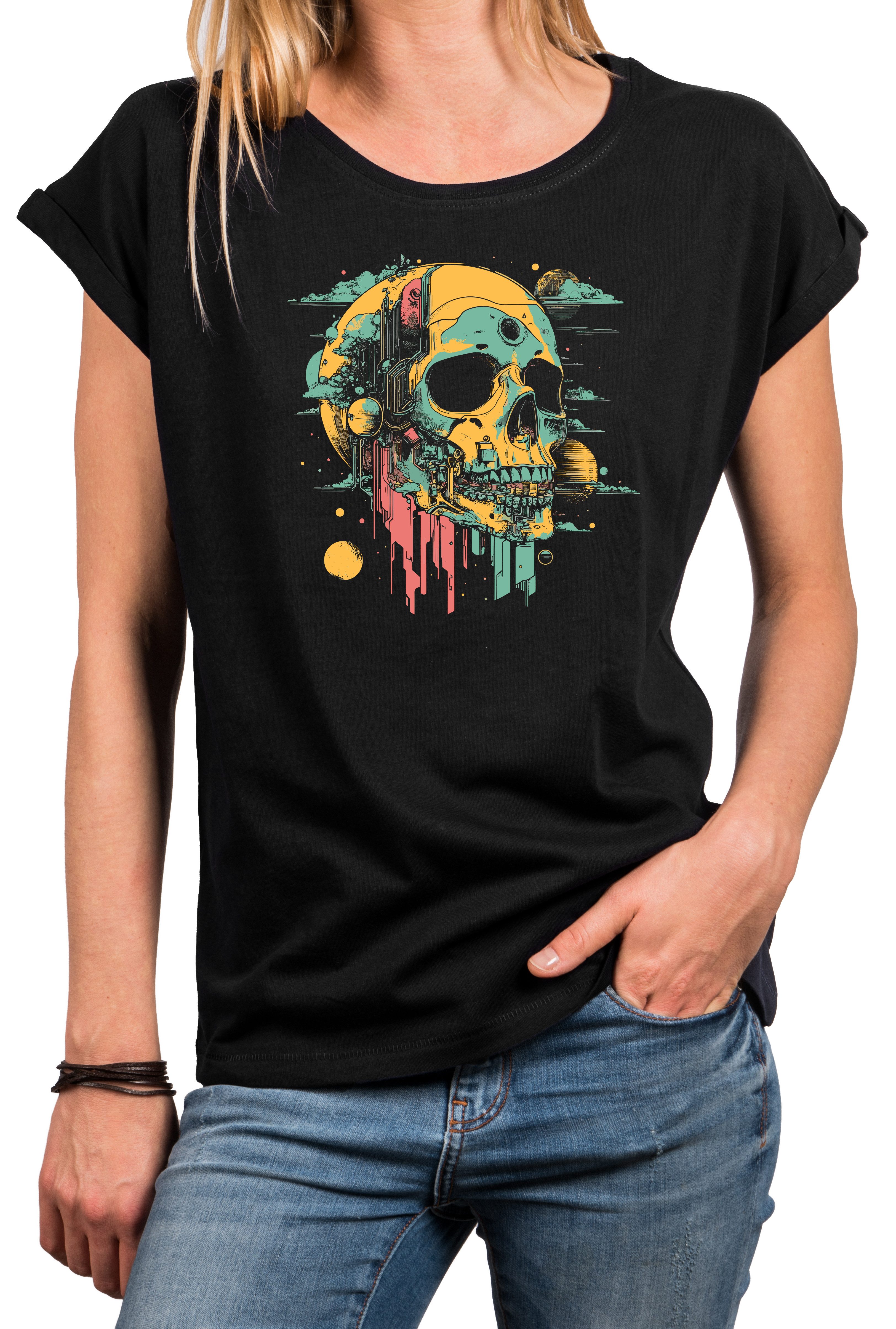T-Shirt Damen-Top mit buntem Totenkopf – rockiger Festival-Look