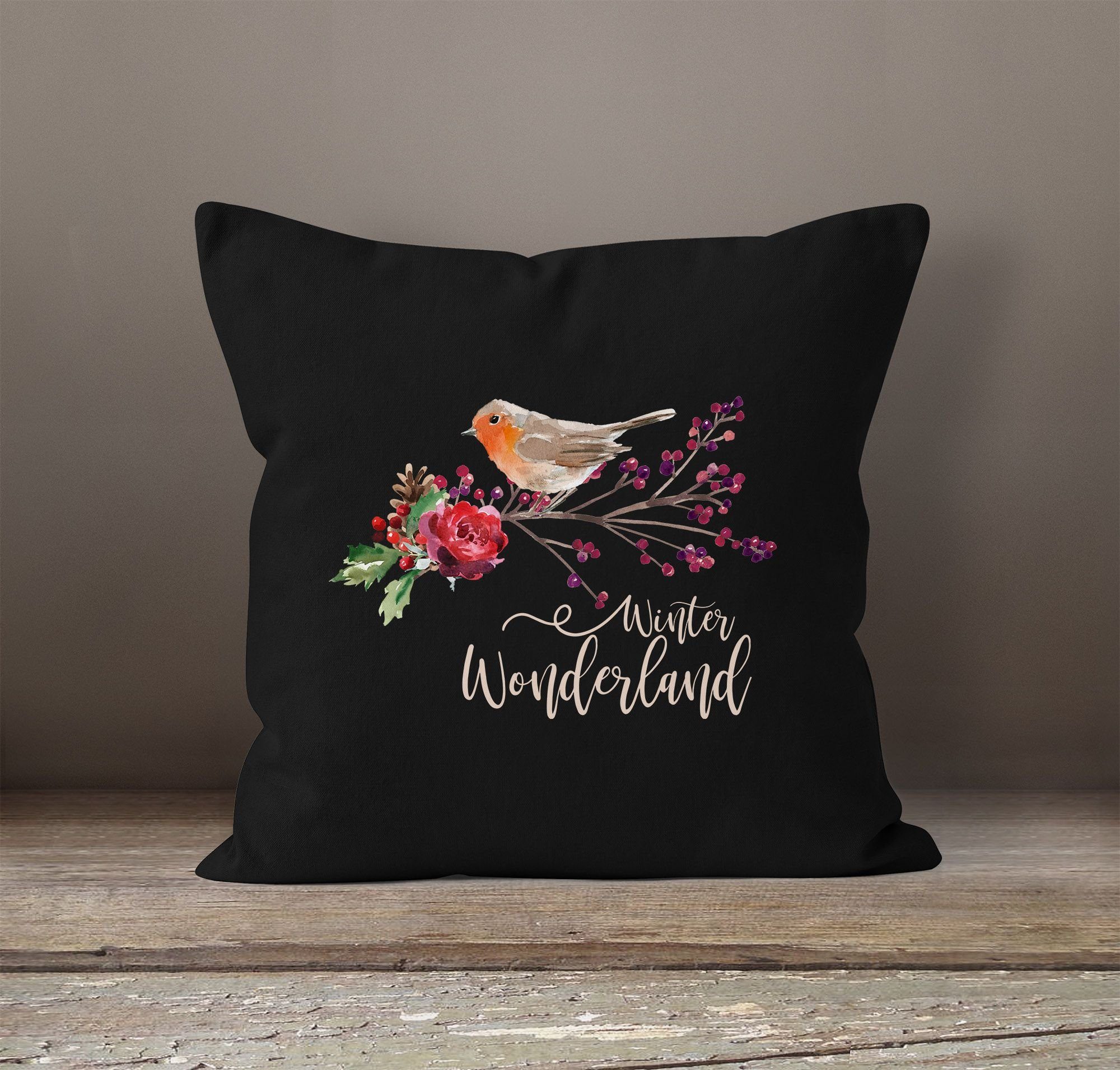 Winterwonderland Autiga® Dekokissen Kissenbezug Misteln Rotkehlchen Weihnachten Bird schwarz Vogel Autiga Christmas Blumen