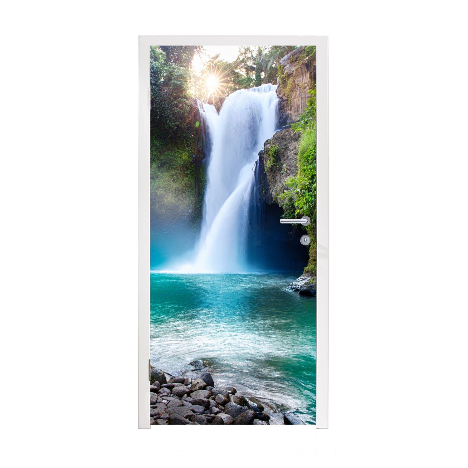 MuchoWow Türtapete Wasserfall - Steine - Landschaft - Pflanzen - Wasser, Matt, bedruckt, (1 St), Fototapete für Tür, Türaufkleber, 75x205 cm