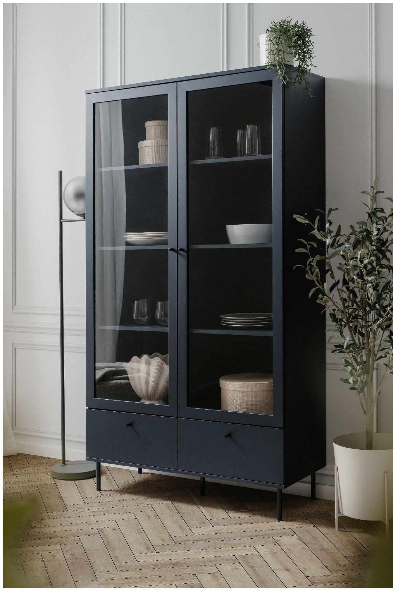 Finori Vitrine Caracas 52A Navy blau, Softclose, Modern, Höhenverstellbar, 100 x 183 x 40 cm