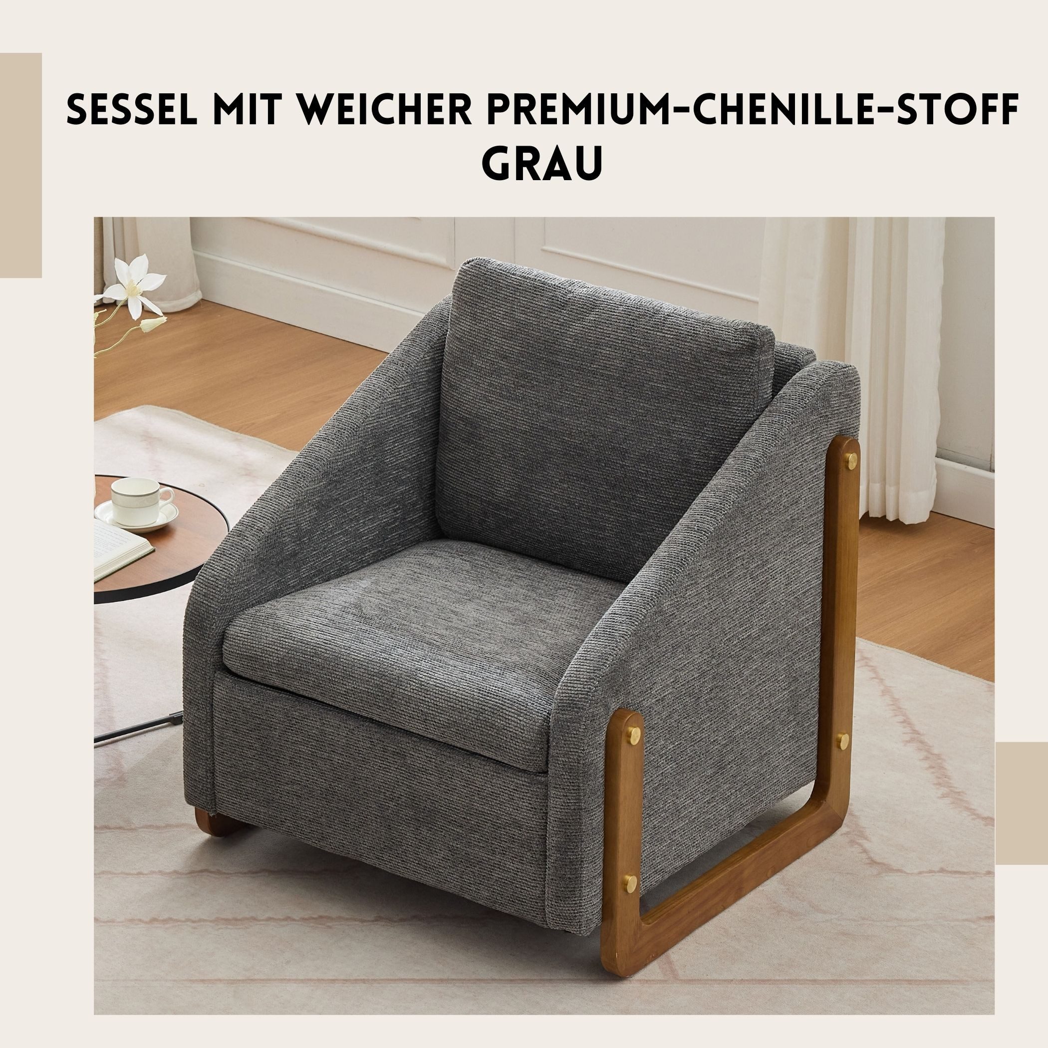 SeedWave Sessel mit Weicher Premium-Chenille-Stoff, Platzsparendes modernes Design, Ergonomische Rückenlehne und geneigte Armlehnen, Stabile Holzbeine