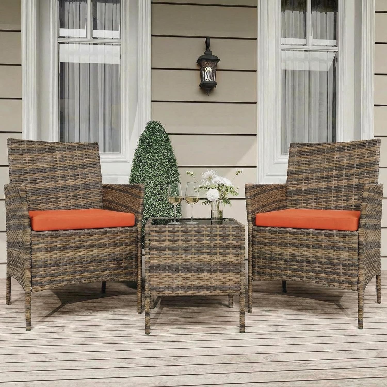 GarveeMore Gartenlounge-Set Balkonset Rattan Sitzgruppe mit 2 Sessel & 1 Kaffeetisch, 3-tlg., 2 Gartenstuhl, 1 Gartentisch, mit Kissen - Möbel-Sets