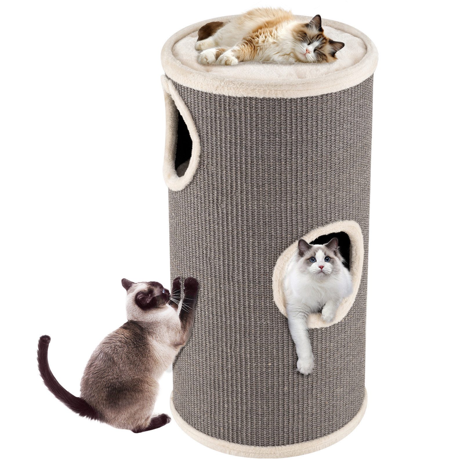 KOMFOTTEU Kratztonne, mit 3 Höhlen, Plüschbett, Liegefläche & Sisal-Kratzbrett