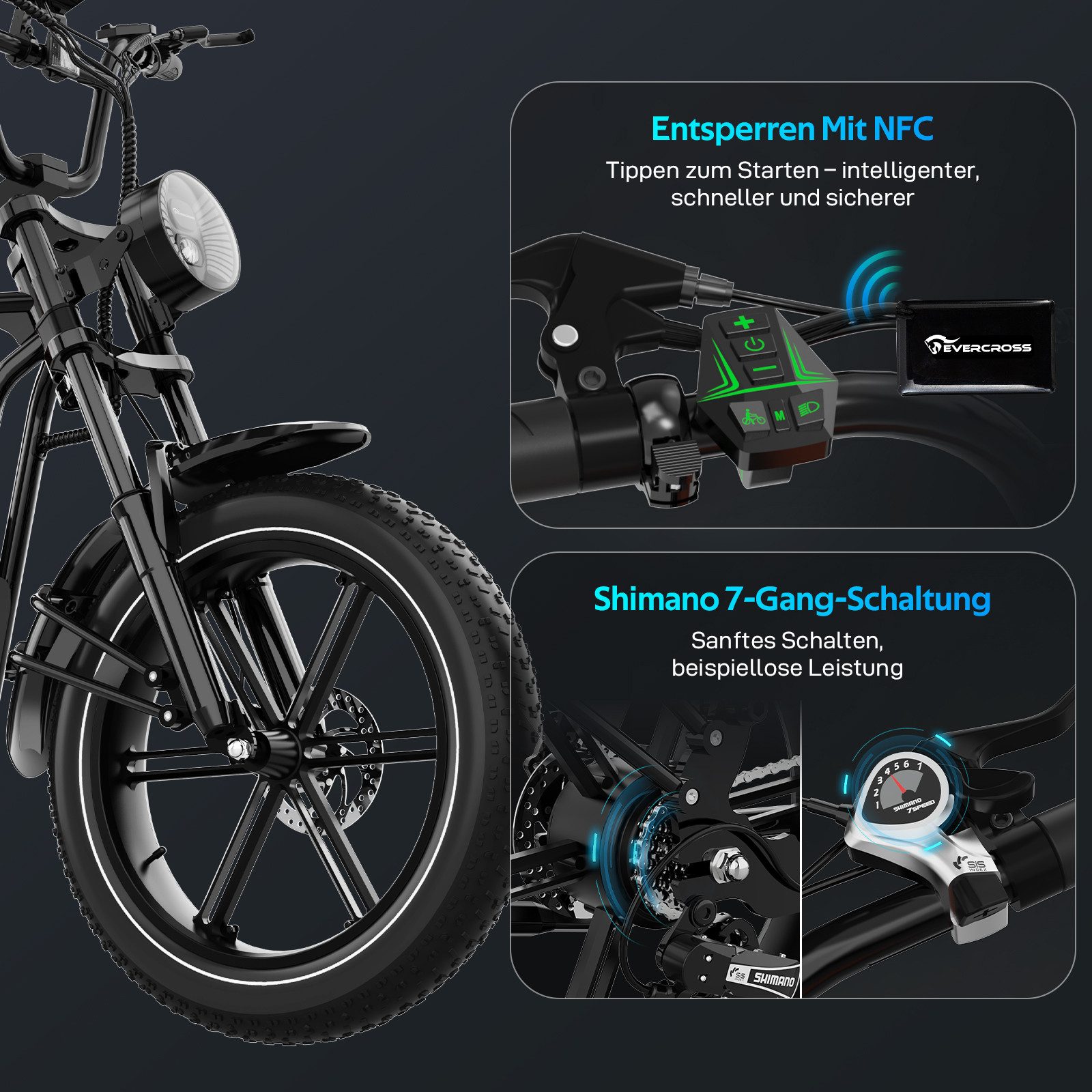 EVERCROSS TECH E-Bike EK30 20” x 4,0 fette Reifen MTB, 48V 15AH Removable Battery, NFC, Heckmotor, 720 Wh, bis 55-100km, 7 Gang Shimano, Kettenschaltung, Heckmotor