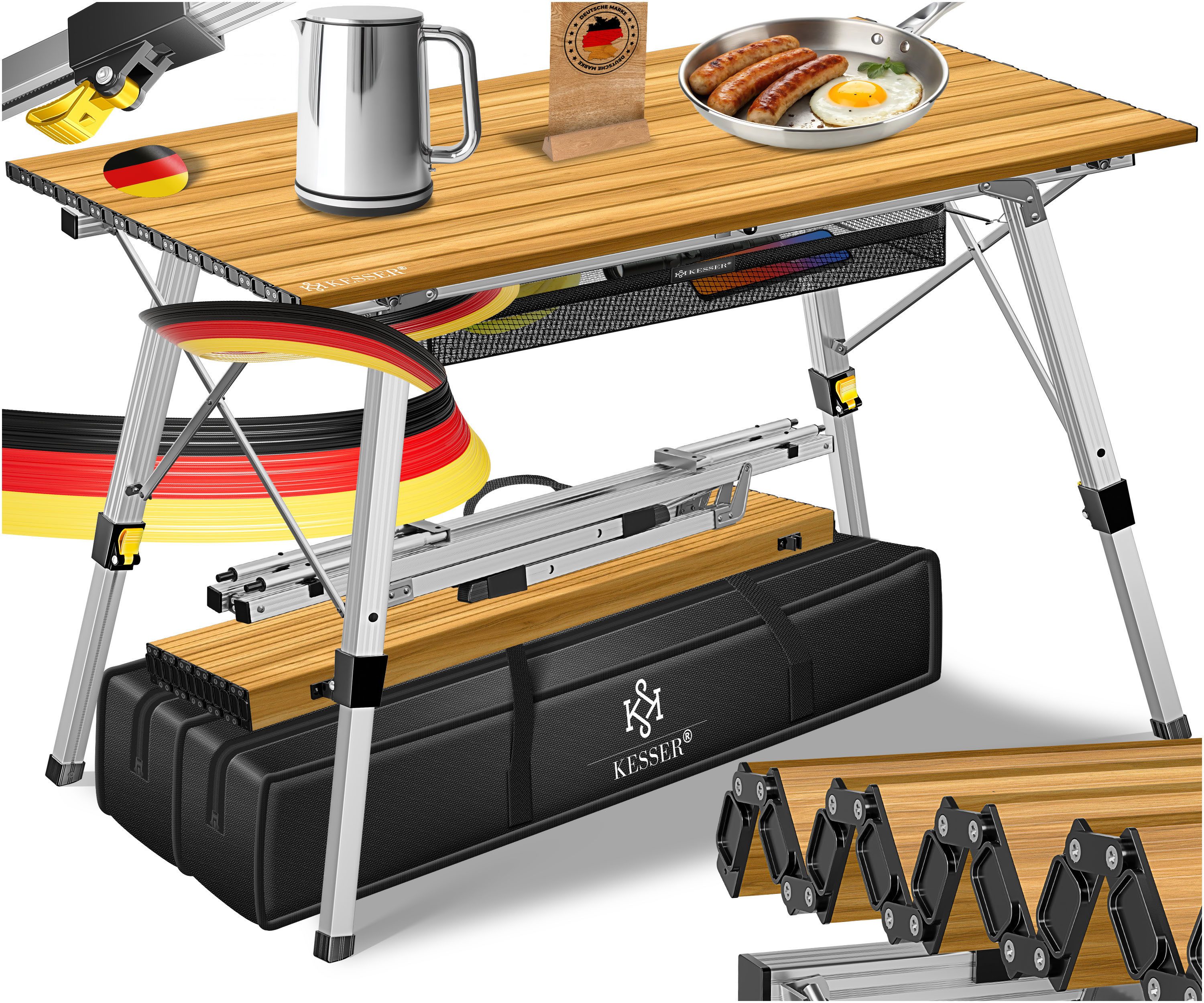 KESSER Campingtisch Klapptisch faltbar & höhenverstellbar mit aufrollbarer Tischplatte (70x120cm klappbarer Tisch inkl. Tragetasche mit Trageband & Netztasche), Falttisch mit Aluminium-Rahmen - max. 50kg & rost- & kratzfest