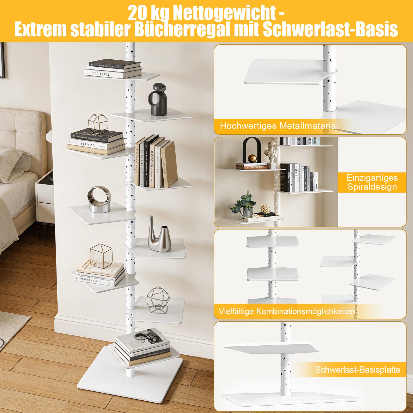 XERSEK Bücherregal 9 Ebenen Bücherturm mit LED-Sternenlicht & Drehbaren Regalen, Weiß, 1.8m Metall Standregal, für Wohnzimmer Schlafzimmer Büro