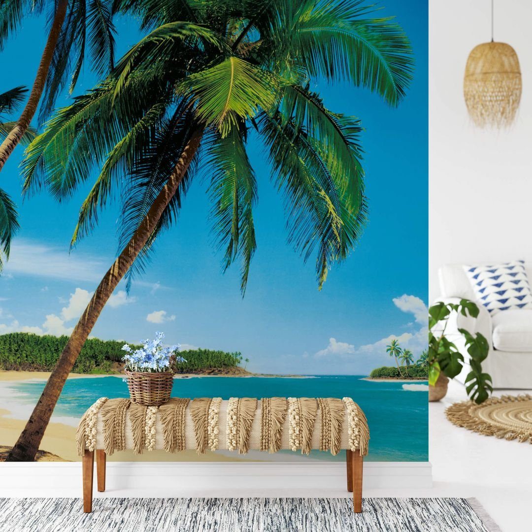 Wizard + Genius Fototapete Große Fototapete Strand Papiertapete Tropische Palmen Insel Tapete, Wohnzimmer Wandbild modern