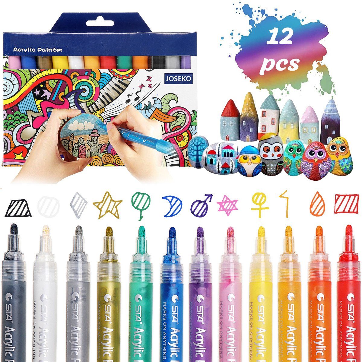 JOSEKO Filzstift Riesiges Acrylzeichnen! Kreatives Stifte, Acryl-Stifte Premium 36-teiliges Set, Hochwertige