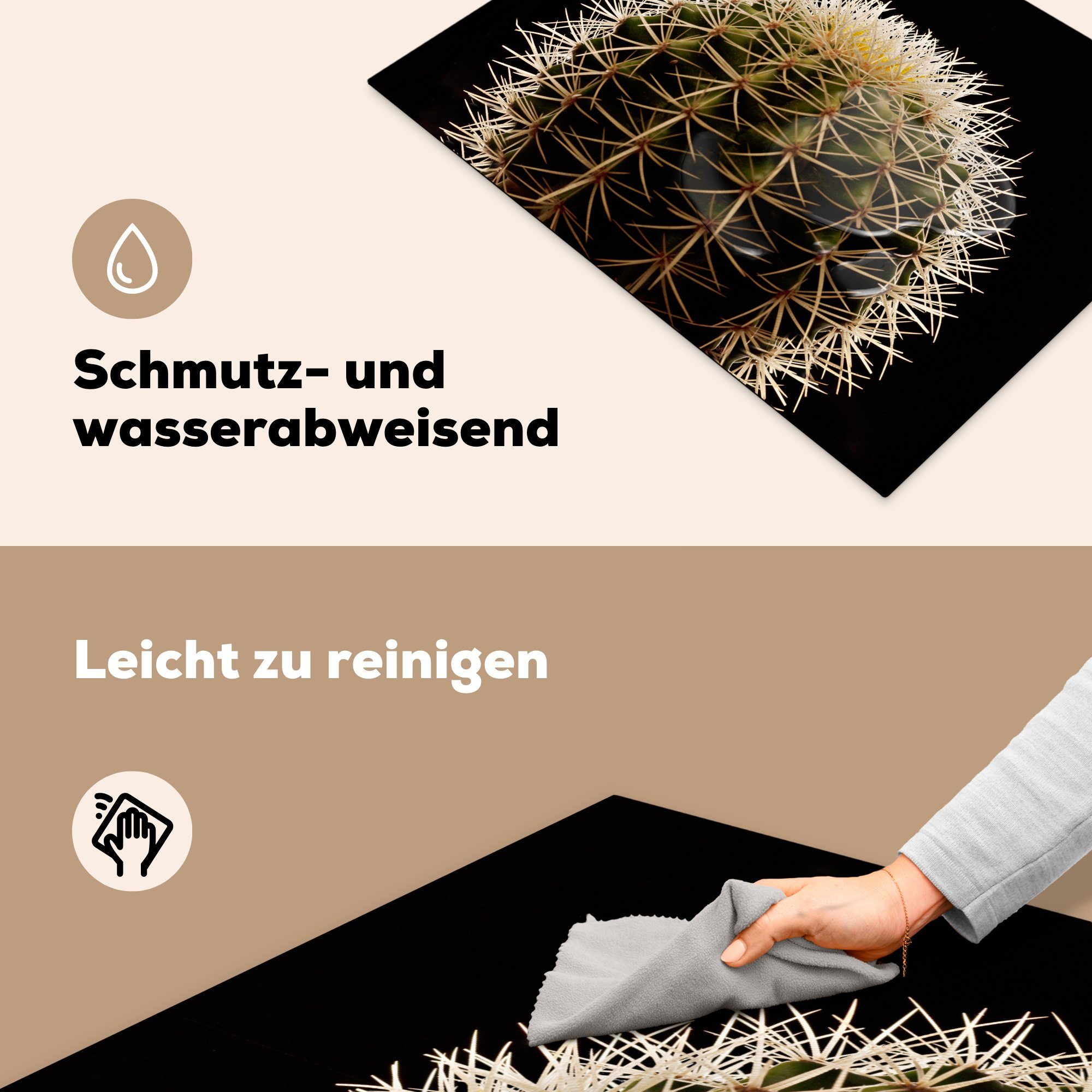 die auf Kaktus für Induktionskochfeld Nahaufnahme Schutz Herdblende-/Abdeckplatte tlg), (1 cm, Ceranfeldabdeckung küche, 71x52 MuchoWow schwarzem Vinyl, dornigen eines Hintergrund, Eine