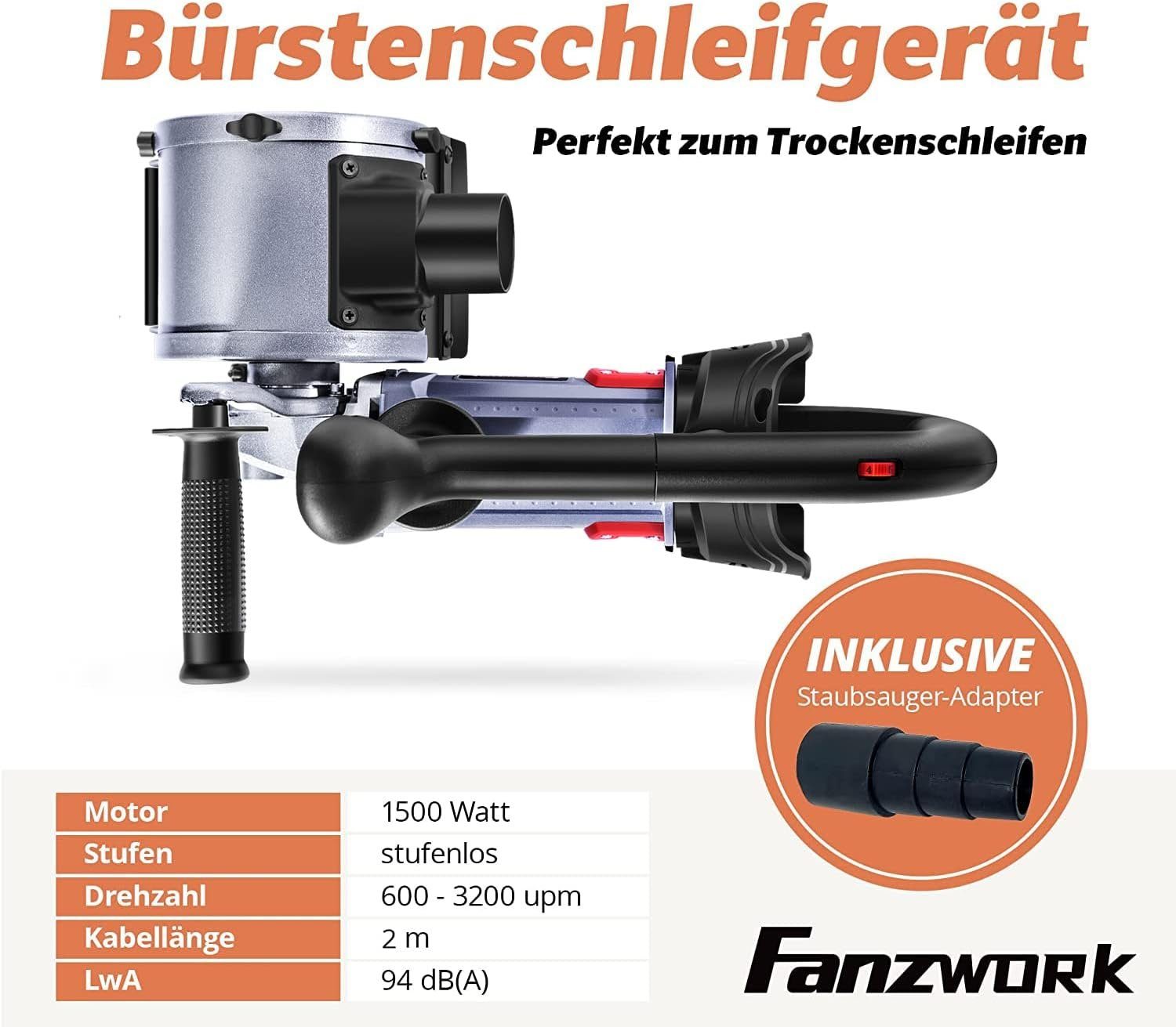 Fanzwork Walzenschleifer Satiniermaschine V2 1500 Watt Stahldraht & Nylon Bürste, max. 3200 U/min, Perfekt zum Trockenschleifen von Altholz, Metall, Kunststoff, Gips