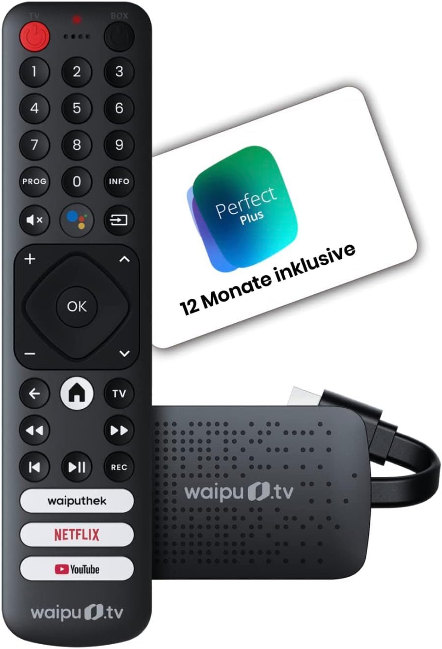 100% WAIPU TV 4K Stick + 12 Monate Perfect Plus Gutschein TV Stream 4K Fernbedienung (Fernbedienung mit Schnellwahltasten (mit TV-Steuerungstasten) 4K)