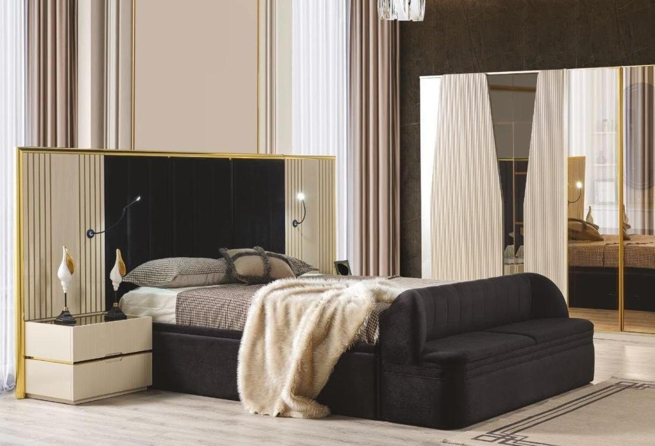 Bett (4-St., 2x Nachttische Schlafzimmer-Set Set luxuriös 4tlg Made Europa Elegant Möbel in Schlafzimmer + 1x Holz von Nachttisch, Bank JVmoebel Bank), 1x +