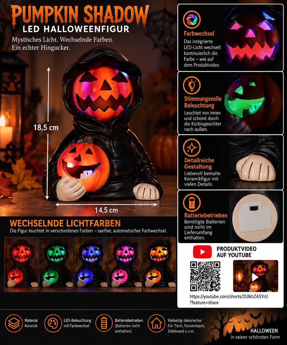Mel-O-Design LED Dekofigur LED Halloweenfigur Pumpkin Shadow mit Farbwechsel 18,5 cm – Bild 3 von 4