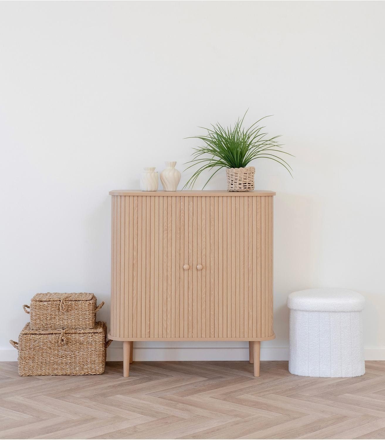 House Nordic Kommode NIKKO, Braun, Kiefernholz massiv, MDF, 2 Lamellen-Rollotüren, 2 Fächer, B 80 x H 87 x T 40 cm