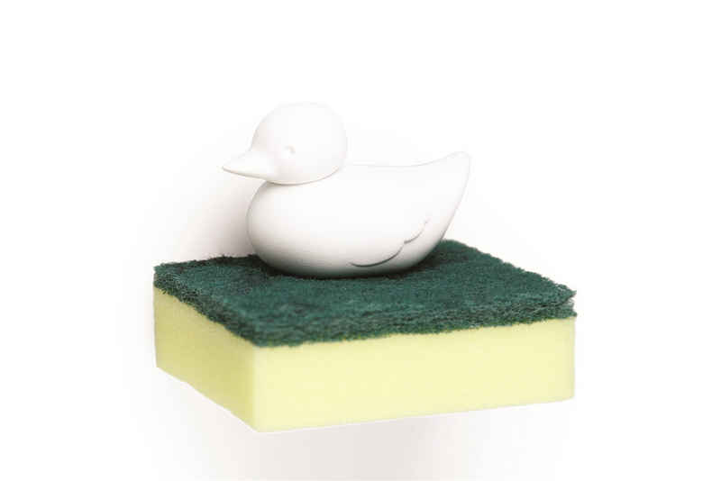 Qualy Design Schwammhalter Ente Weiß, (Kunststoff, Saugnäpfe und 1 Schwamm inklusive), ca. 8,5 x 5 x 9 cm