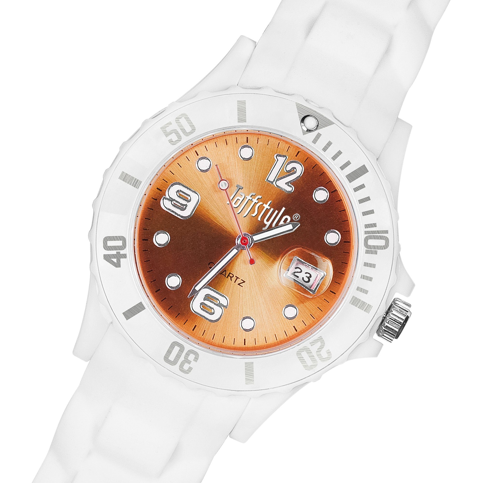 Armbanduhr Sport Quarzuhr Silikon Damen Anzeige Ziffernblatt Datum, Weiß Quarzuhr Wasserdicht Uhr Herren Farbige Bunte Taffstyle Quarz Multifunktion Sportuhr Orange Analog