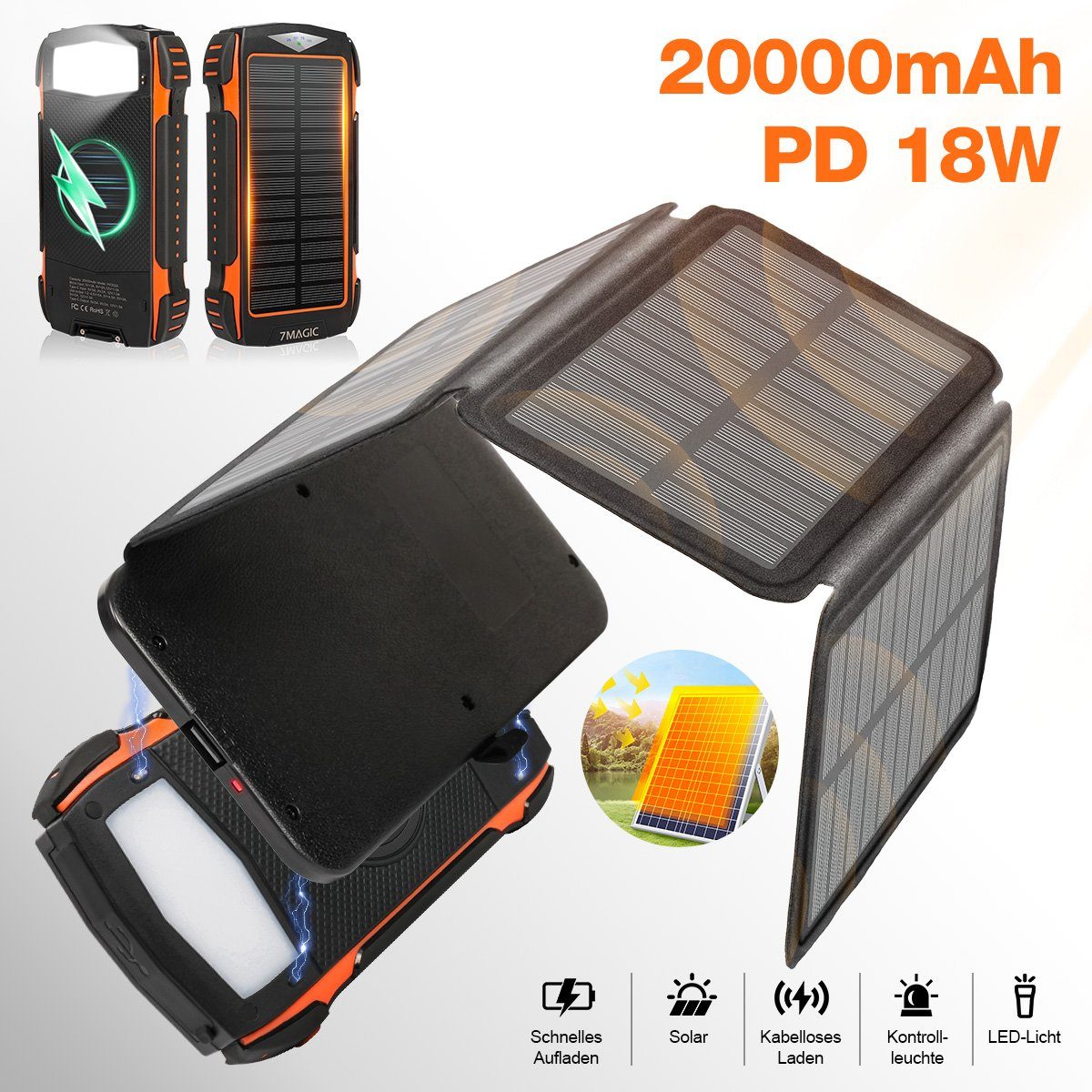 Sumosuma Solar Powerbank 20,000mAh, Tragbare Solar Ladegerät, Induktions-Ladegerät (mit 4 Solarpanels, 18W Wireless Charger für Smartphones, Tablets, mit LED Taschenlampe für Outdoor Camping)