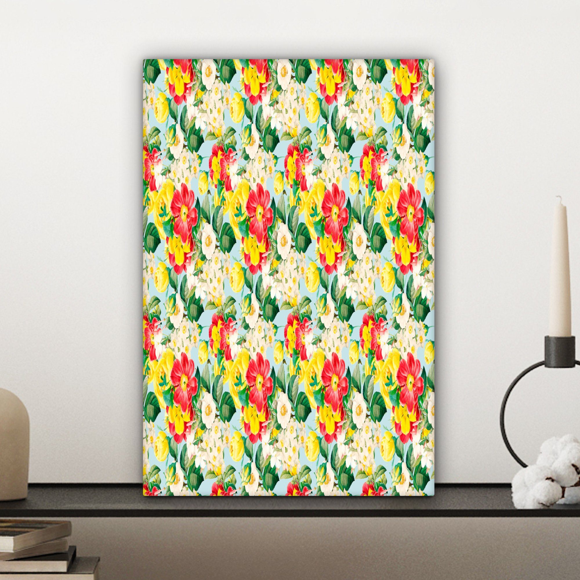 cm Blumen - Leinwandbild Muster, - St), (1 Rosen Leinwandbild OneMillionCanvasses® bespannt Zackenaufhänger, - Gemälde, fertig inkl. 20x30 Farben