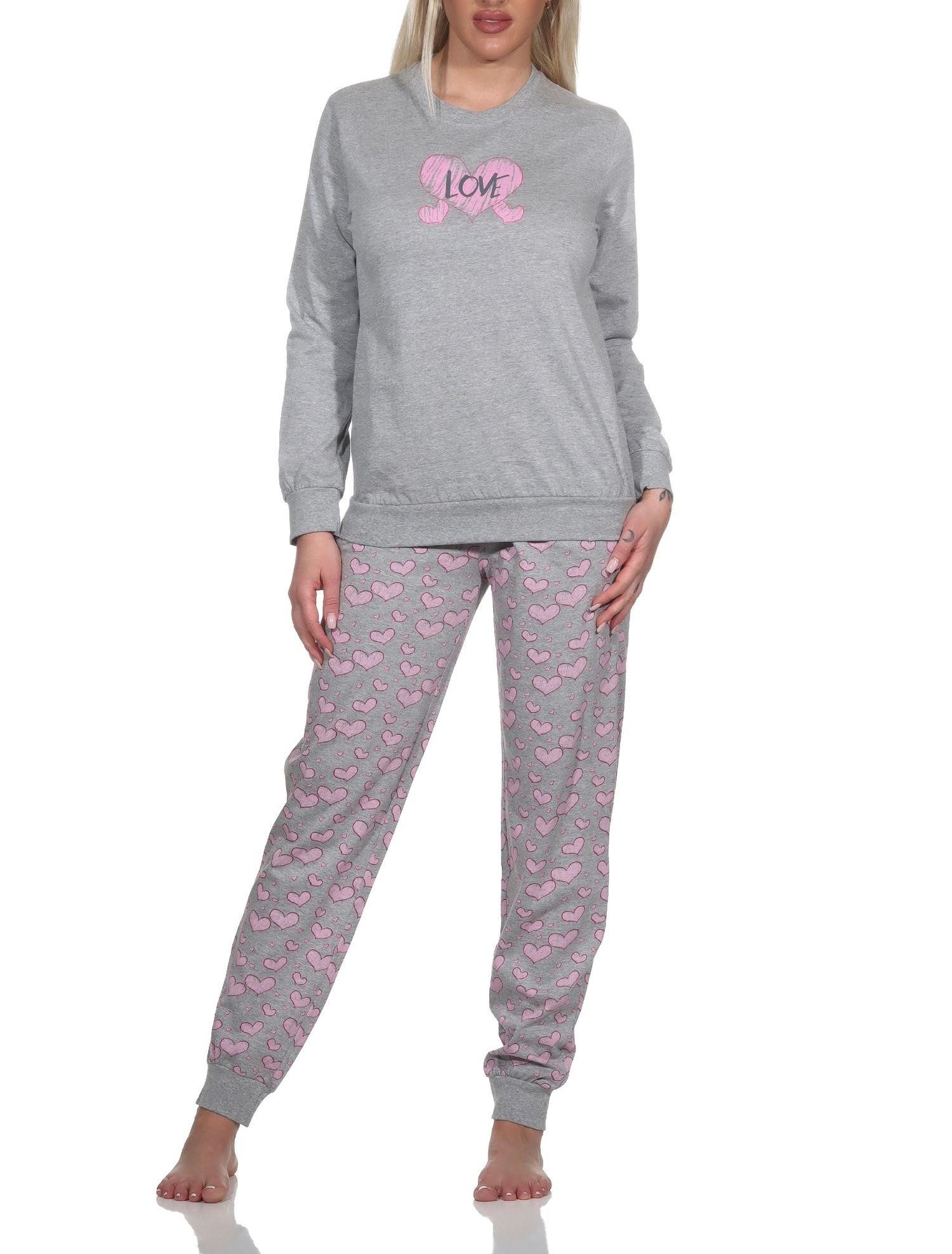Pyjama Damen Langarm Schlafanzug mit Bündchen in Herz Motiv Optik