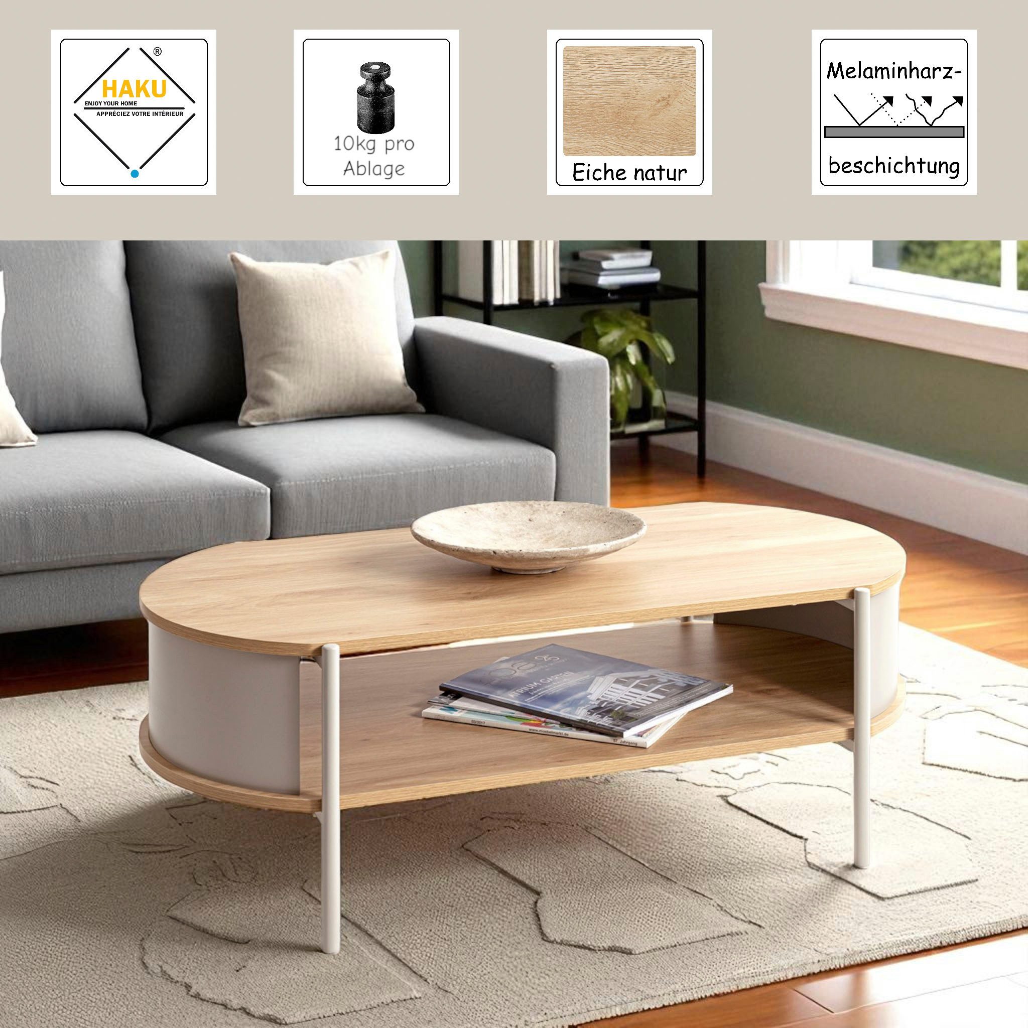 HAKU Couchtisch Sofatisch, Wohnzimmertisch (1-St), oval - aus MDF Braun B/T/H 100/54/37 cm