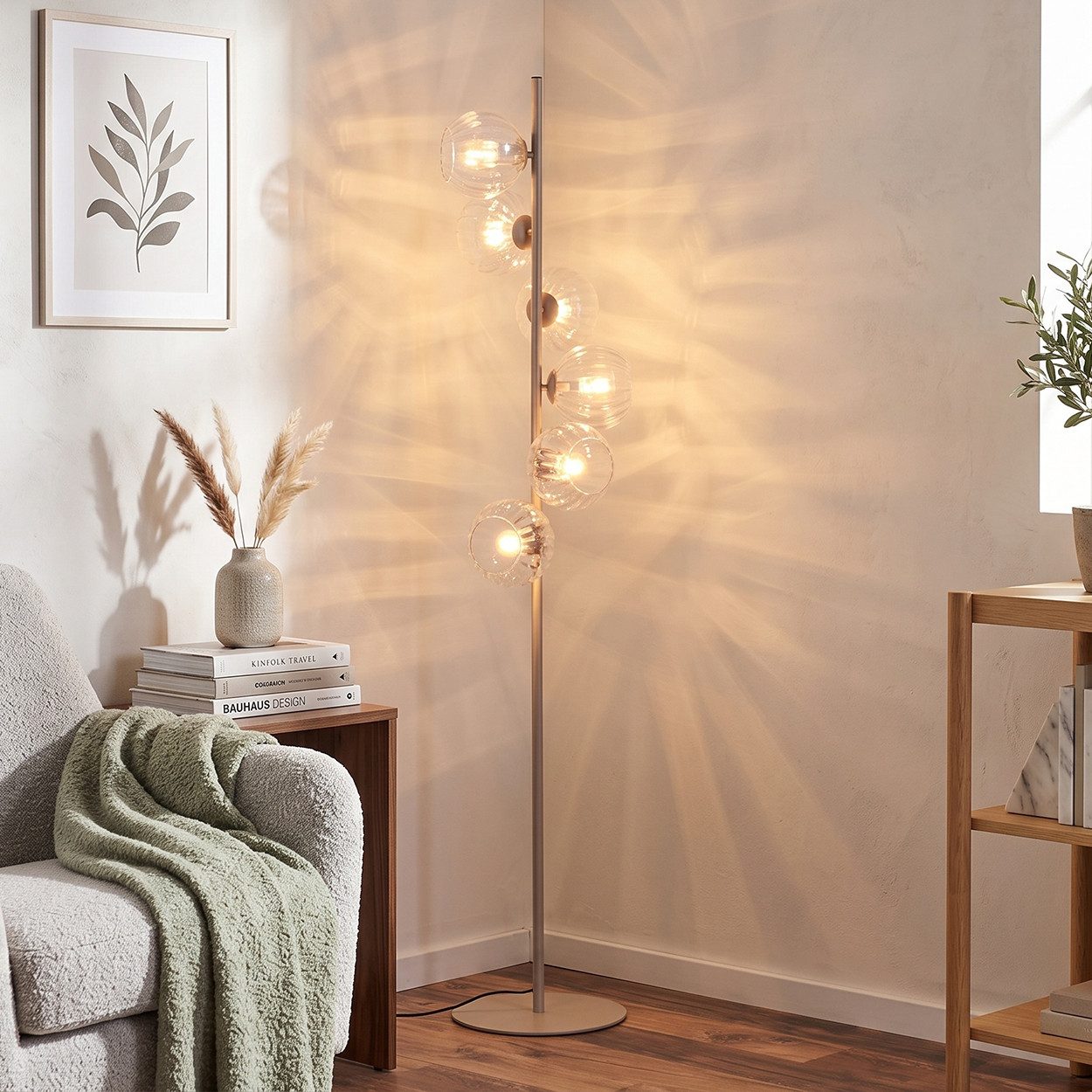 hofstein Stehlampe Stehlampe aus Metall/Riffelglas in Sandfarben/Weiß/Klar, moderne Stehleuchte im Vintage/Boho-Design, Fußschalter, 6 x E14