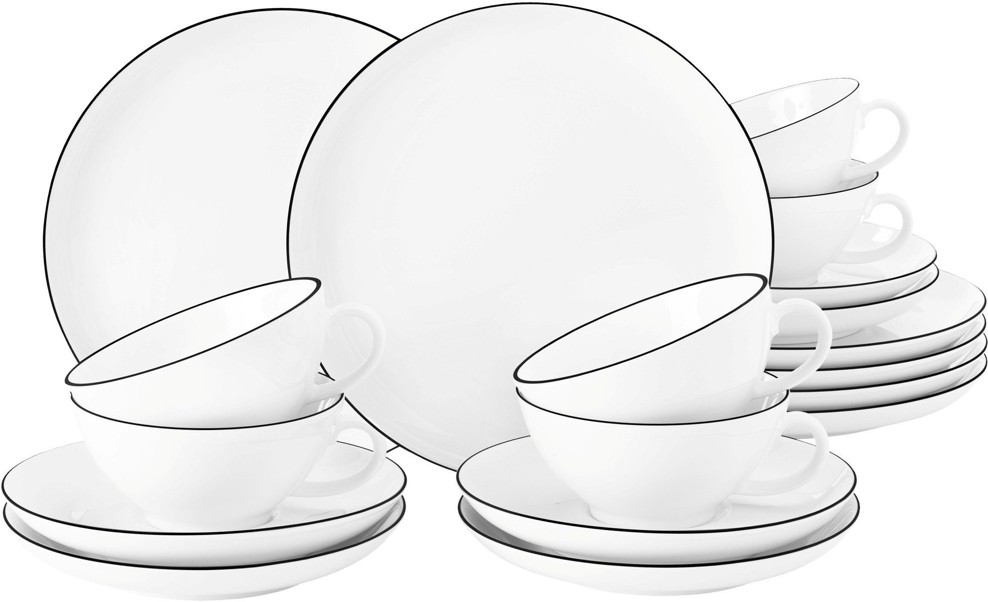 Seltmann Weiden Чайный сервиз Geschirr-Set Lido Black Line (18-tlg), 6 Personen, Porzellan, Tassen, Untertassen, Teller,18 Teile, für 6 Personen, Made in Germany