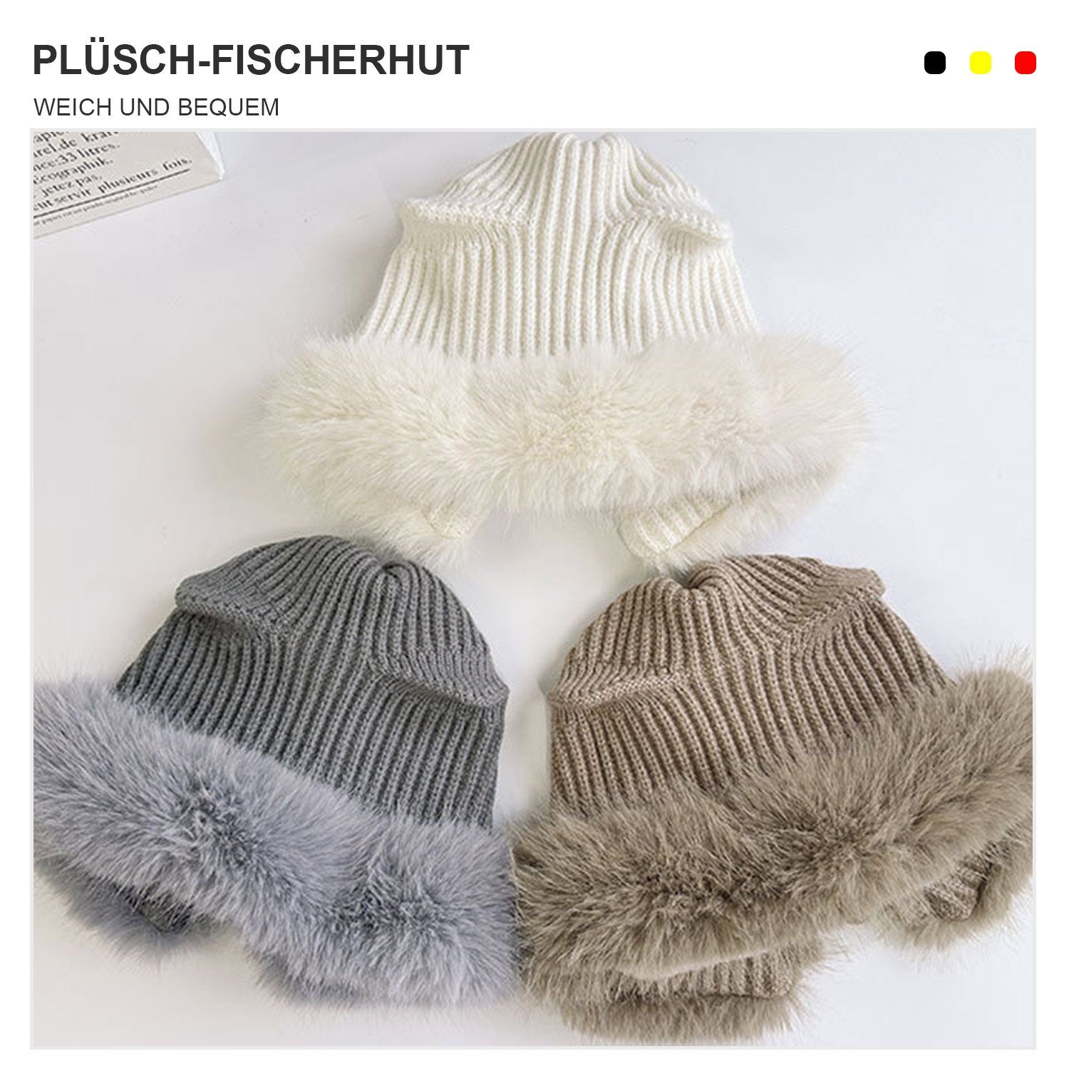 MAGICSHE Strickmütze Kätzchenohren Plüschmütze Damen Mokka Fischerhut mit Kunstfell