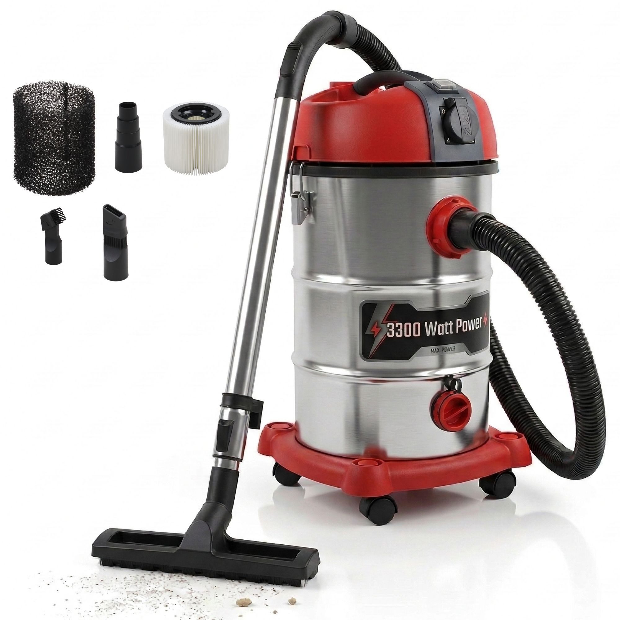 Stahlmann Industriesauger STAHLMANN VAC3300 Industriestaubsauger Nasssauger Trockensauger, 3300 W, integrierte Steckdose, leistungsstarke 3300W, Blasfunktion