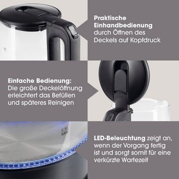 GOURMETmaxx Wasserkocher Glas LED-Beleuchtung 1,7L schwarz matt, 2200 W, 360° drehbar mit Abschaltfunktion & Kalkfilter
