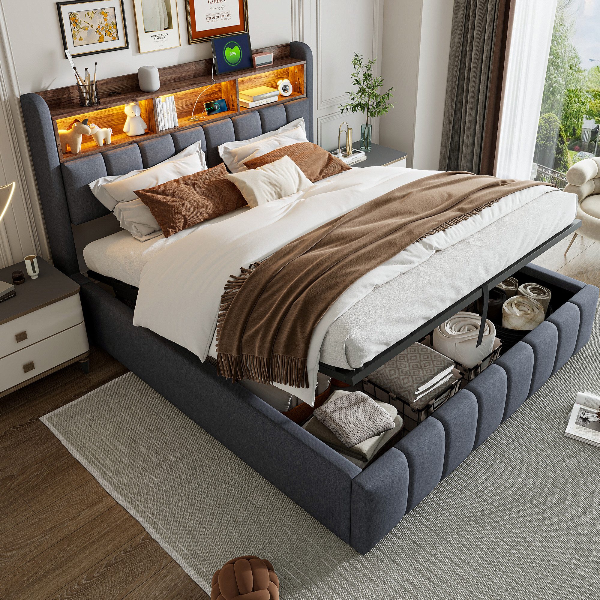 Ulife Polsterbett mit hydraulischem Stauraum, Jugendbett Gästebett (Ohne Ma günstig online kaufen