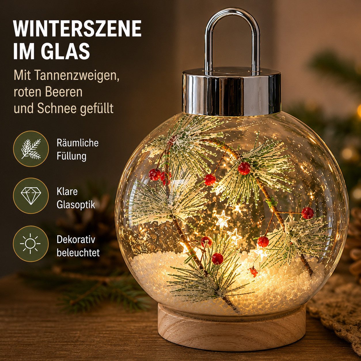 formano LED Dekolicht LED Glaskugel Tannenzweige 18 cm Holzsockel Timer Weihnachtsdeko, LED fest integriert – Bild 3 von 5