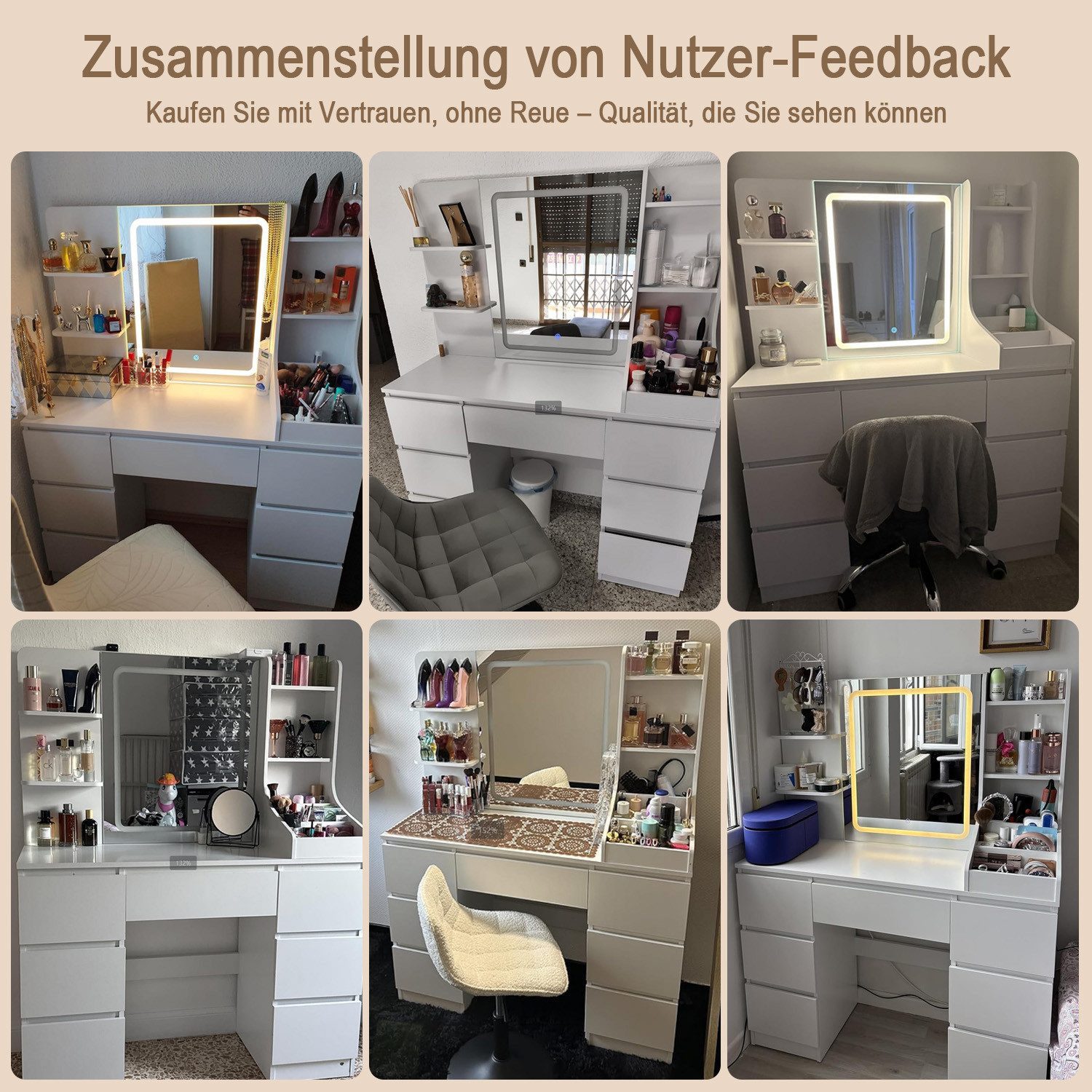 HOMALL Schminktisch LED-Spiegel, 7 Schubladen, 110 cm breit, Aufbewahrungshocker optional (Schminktisch mit dimmbarem LED-Spiegel (3 Farben), 7 Schubladen + 8 F – Bild 5 von 5